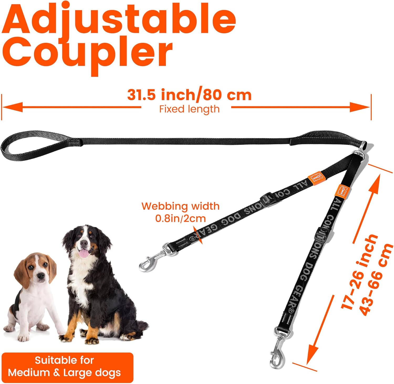 HOWGO Double Dog Leash, No Tangle 360° Swivel, Adjustable Two Padded Handles, Double Clip Dog Leash Coupler Splitter Breeds (Orange, 4/5'' x 4.8 FT, Ultralight)