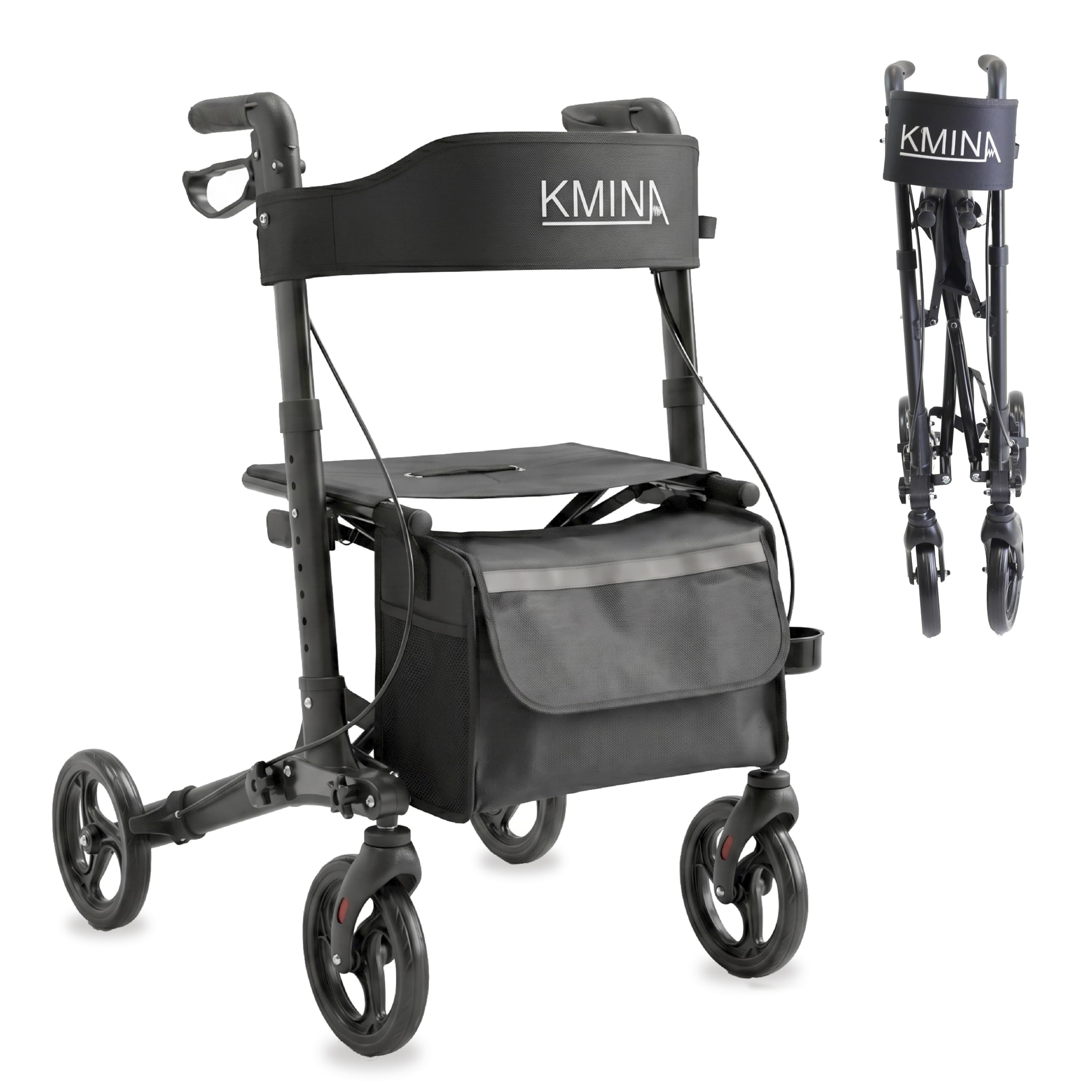 KMINA Deambulatore Pieghevole con Sedile per Adulti, Pieghevole Verticale, Altezza Regolabile, Freno a Levetta, Borsa e Porta Bastone, Nero