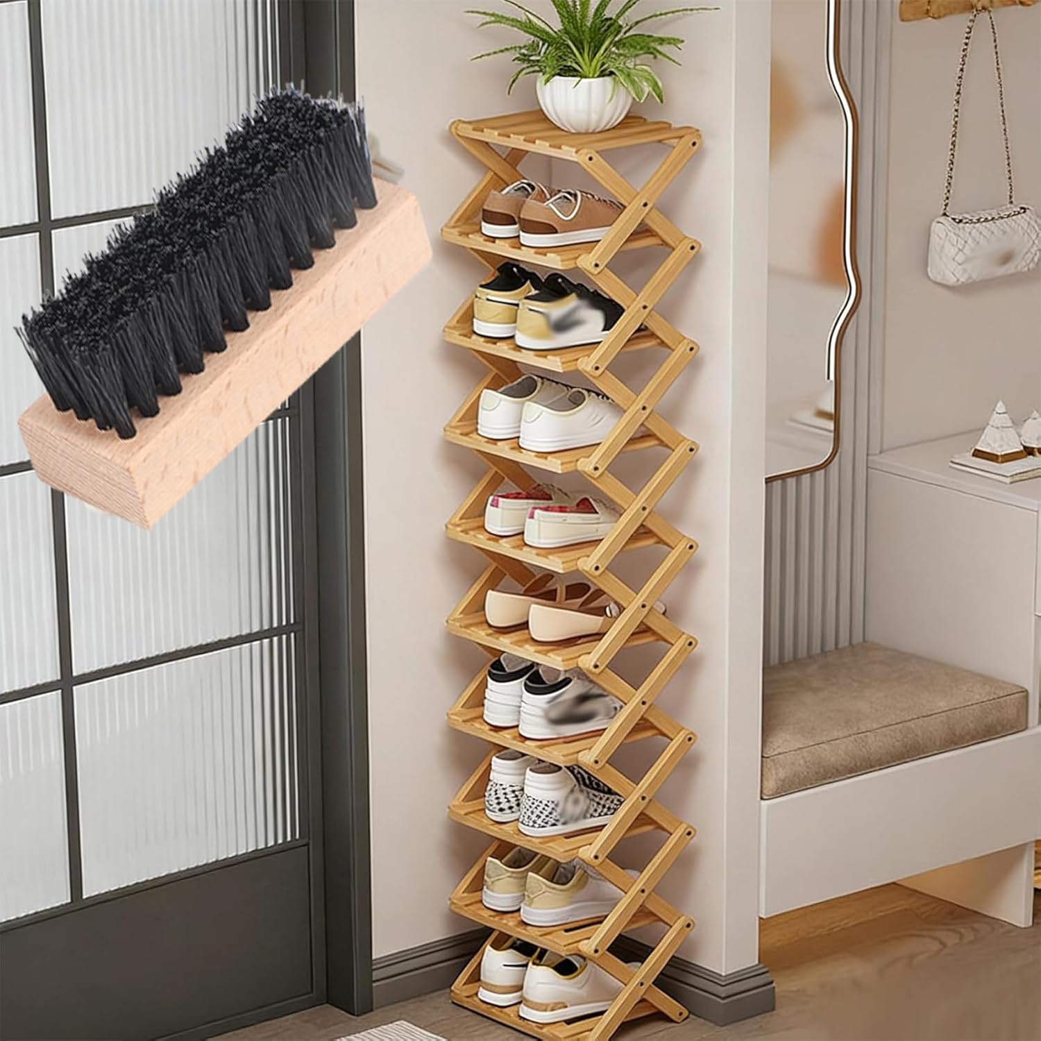 The 9-Tier No-Assembly Bamboo Rack, Vertical Shoe Organizer for Small Spaces, No Assembly Narrow Shoe Shelf, Tall Narrow Freestanding Shelf for Entryway, Closet, Bedroom, Small Spaces (Nature, 10)