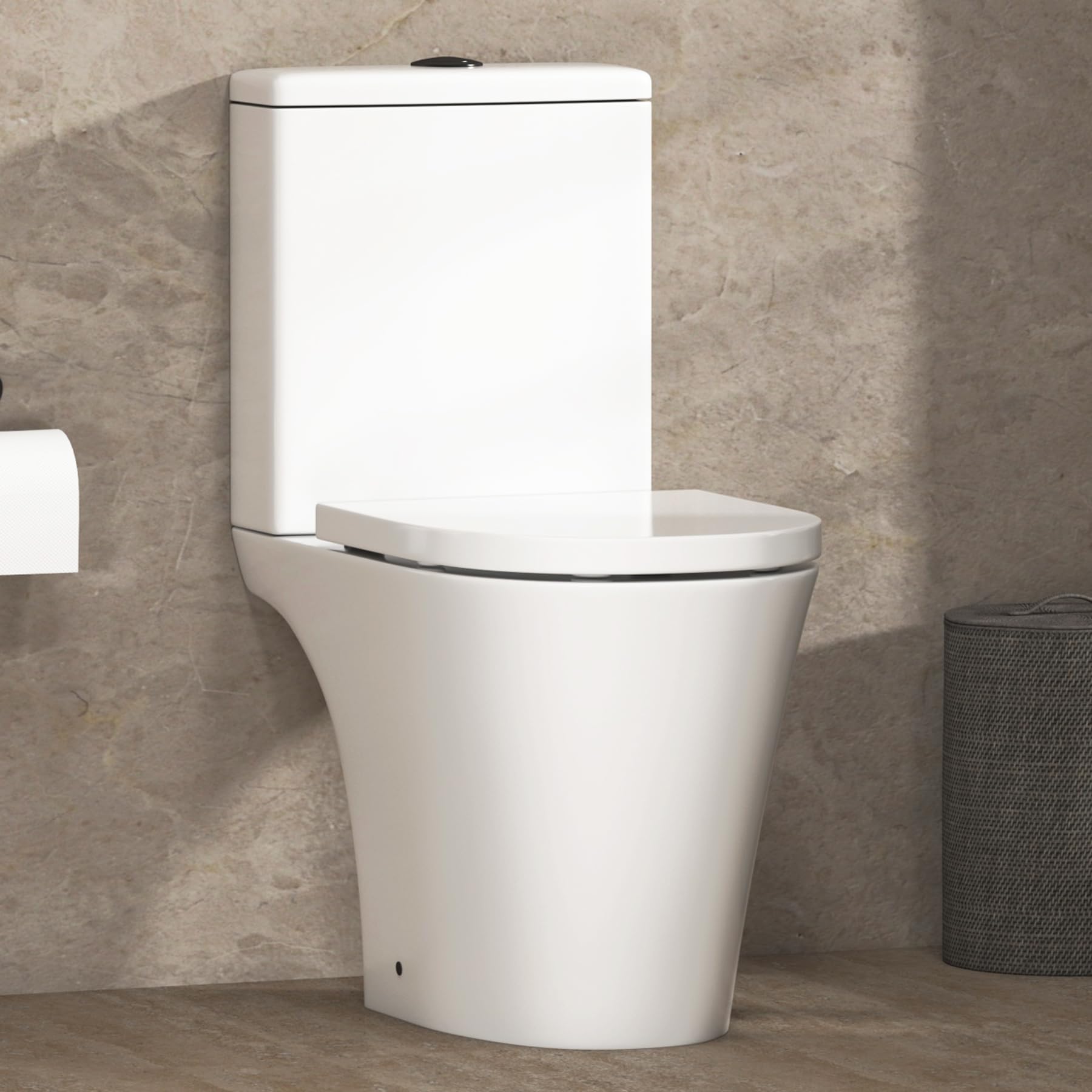 Nova Rimless Close Coupled Toilet Gloss White Round Pan with Quick Release Soft Close Seat and Dual Flush Cistern