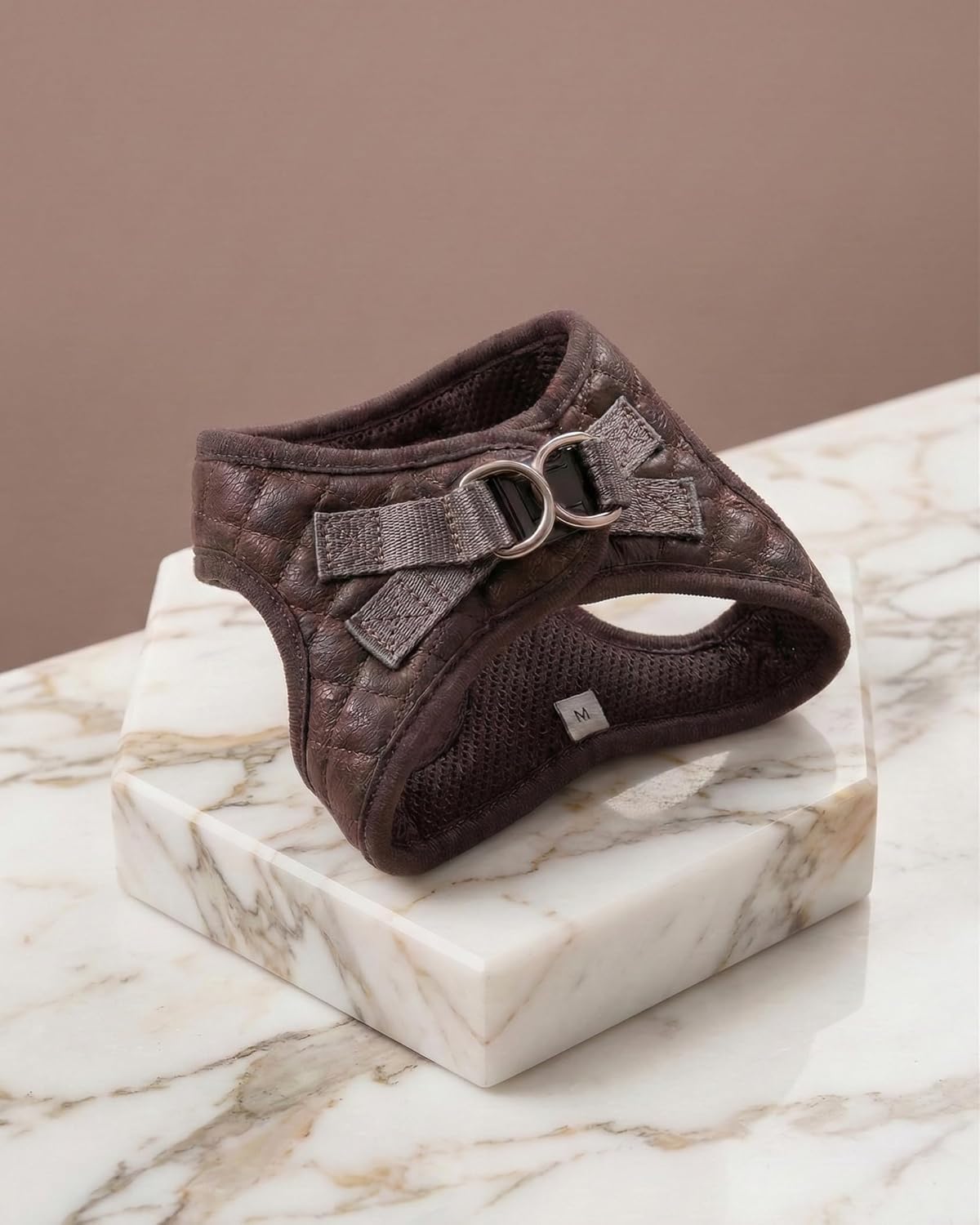 Step-in Dog Harness Classic Style Dog Vegan Leather Lightweight Breathable Mesh Soft Fashion Cat Puppy Dark Chocolate Brown Beige (M: Neck=10-12.5''/Chest=16-18'')