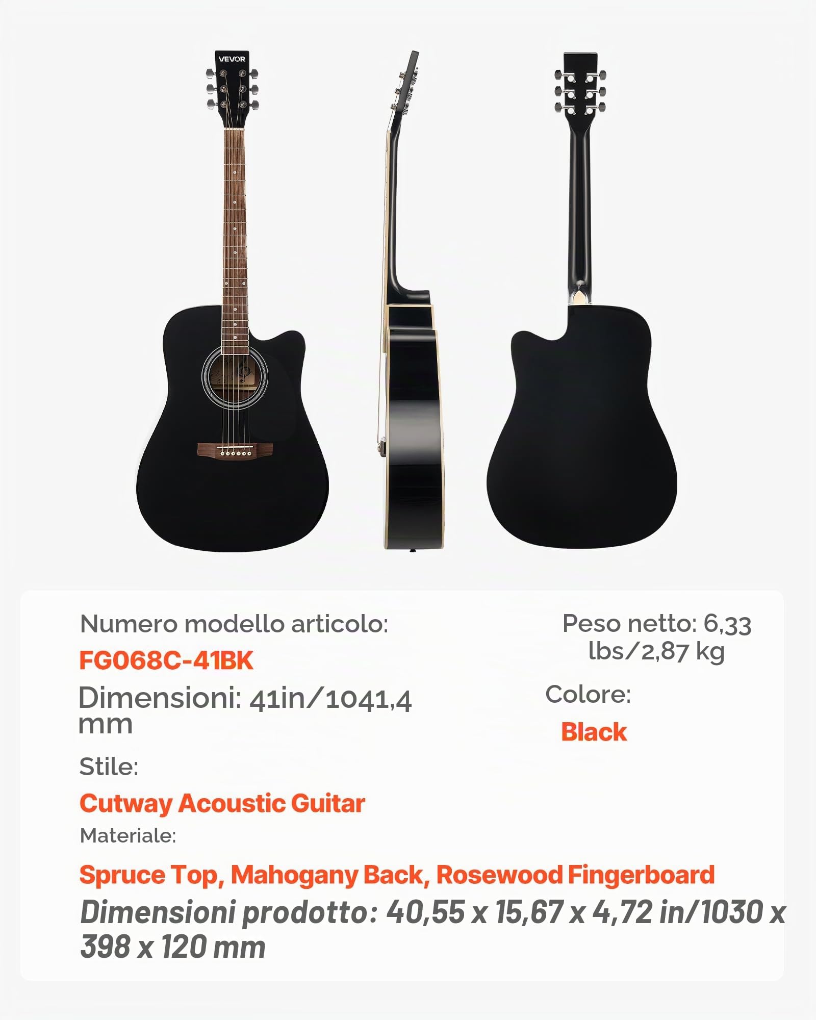 VEVOR Chitarra Acustica Cutaway da 1041,4 mm Chitarra Acustica a 6 Corde con Tavola Armonica in Abete Massello Nero, Custodia Morbida, Accordatore, Tracolla, Corde, Plettri, Tastiera in Palissandro