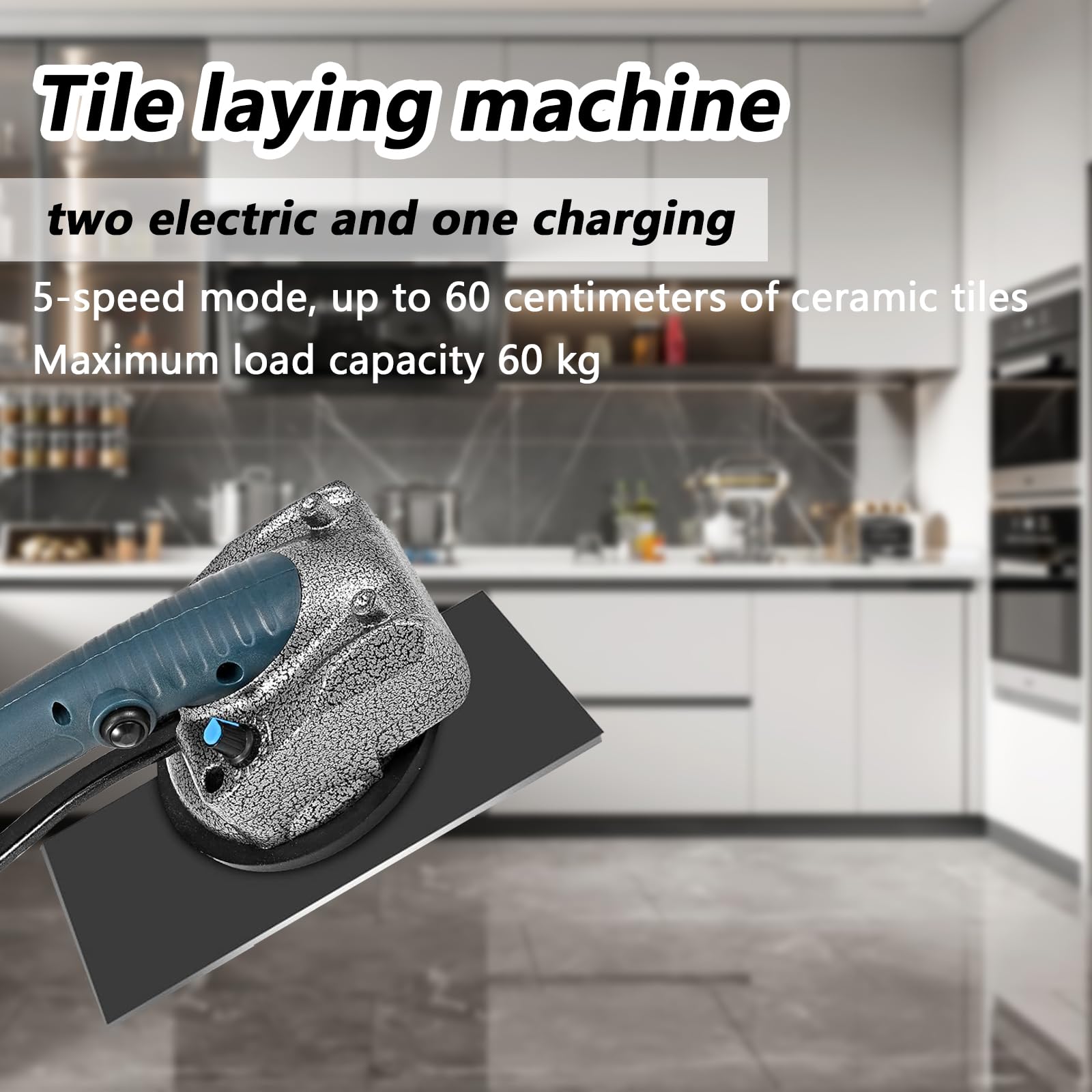 Fliesenleger Maschine, Elektrische Fliesen Vibrator Mit 105x105mm Saugnapf 5 Gänge Einstellbar Automatische Nivellierung 60kg Aufnahmekapazität Fliesenleger Maschine Geeignet für 0,3-0.8m Fliesen