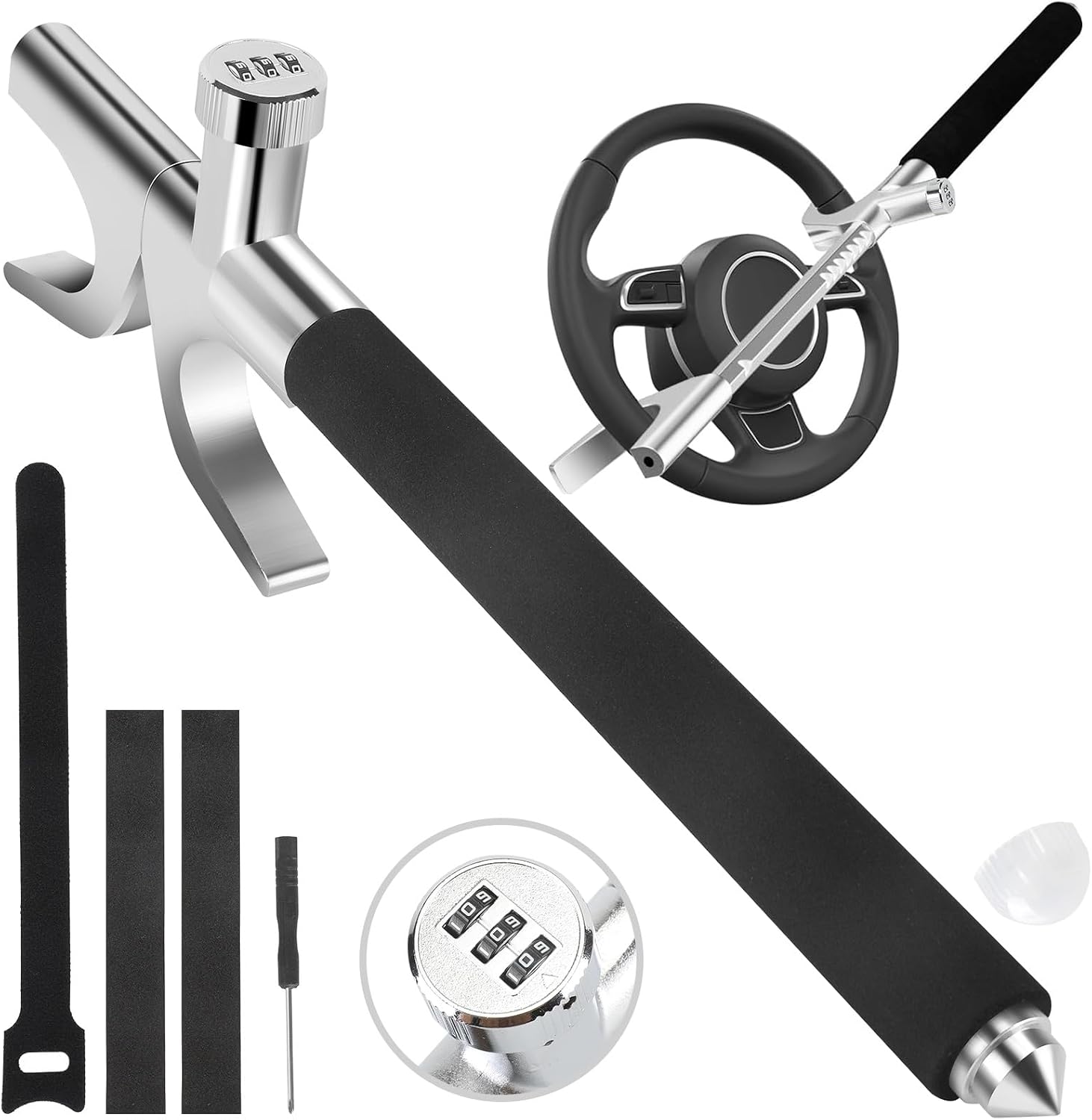 Car Steering Wheel Password Lock Wheel Lock Vehicle Anti-Theft Lock Adjustable Length Clamp Double Hook Universal Emergency Hammer Window Breaker Self-Defense Heavy Duty Security
