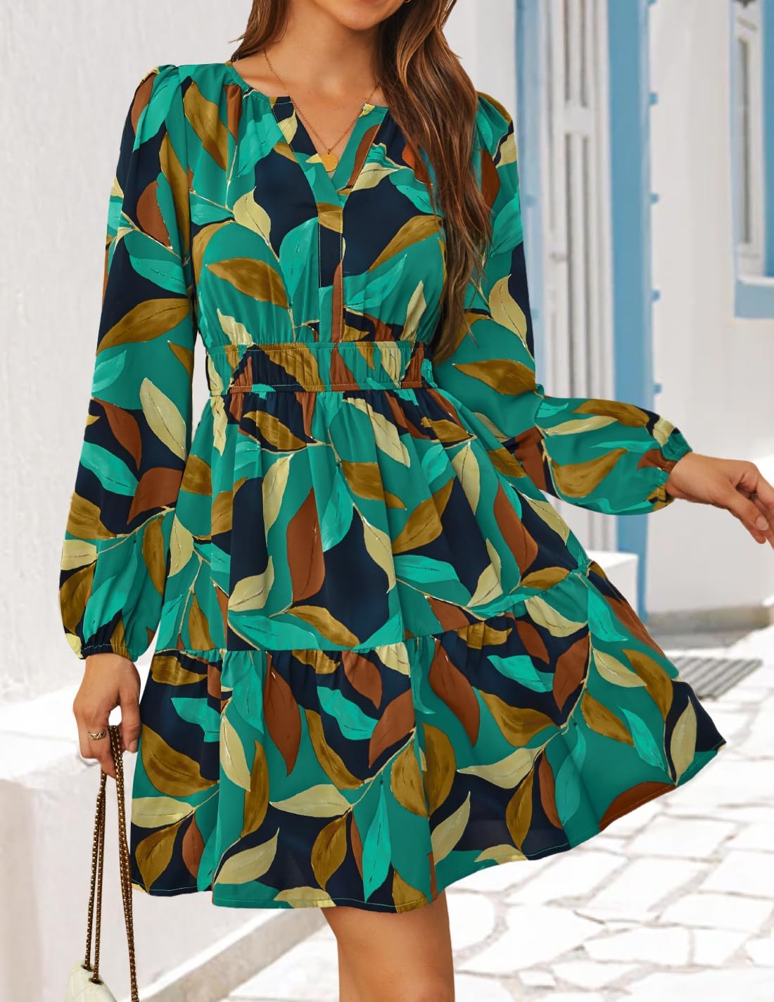 ZESICA Womens Spring Long Sleeve Floral Mini Dress 2026 Summer Boho V Neck A-Line Flowy Dresses Beach Vacation Clothes - Image 5