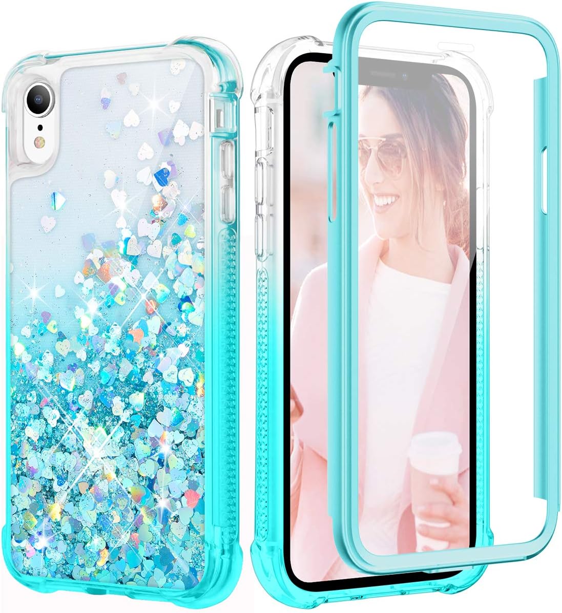 Caka Glitter Case for iPhone XR Case for Women Girls Full Body Heavy Duty Protection with Built-in Screen Protector Liquid Case for iPhone XR (6.1 inch) (Gradient Teal)