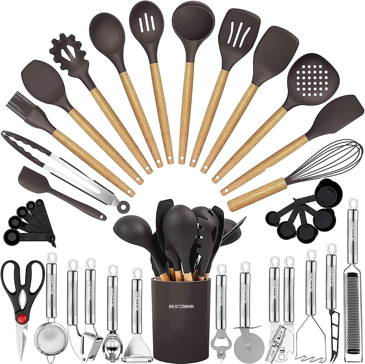 Juego de utensilios de cocina: 35 piezas de utensilios de cocina con rallador, pinzas, cuchara, espátula y volteador, hechos de silicona de grado alimenticio resistente al calor y mangos de madera, utensilios de cocina, juego de herramientas para utensilios de cocina