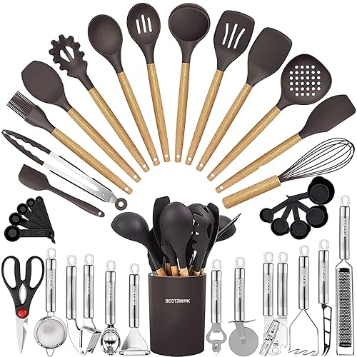 Cooking Utensils Set- 35 PCs Kitchen Utensils with Grater,Tongs, Spoon Spatula &Turner Made of Heat Resistant Food Grade Silicone and Wooden Handles Kitchen Gadgets Tools Set for Cookware - Dark Gray