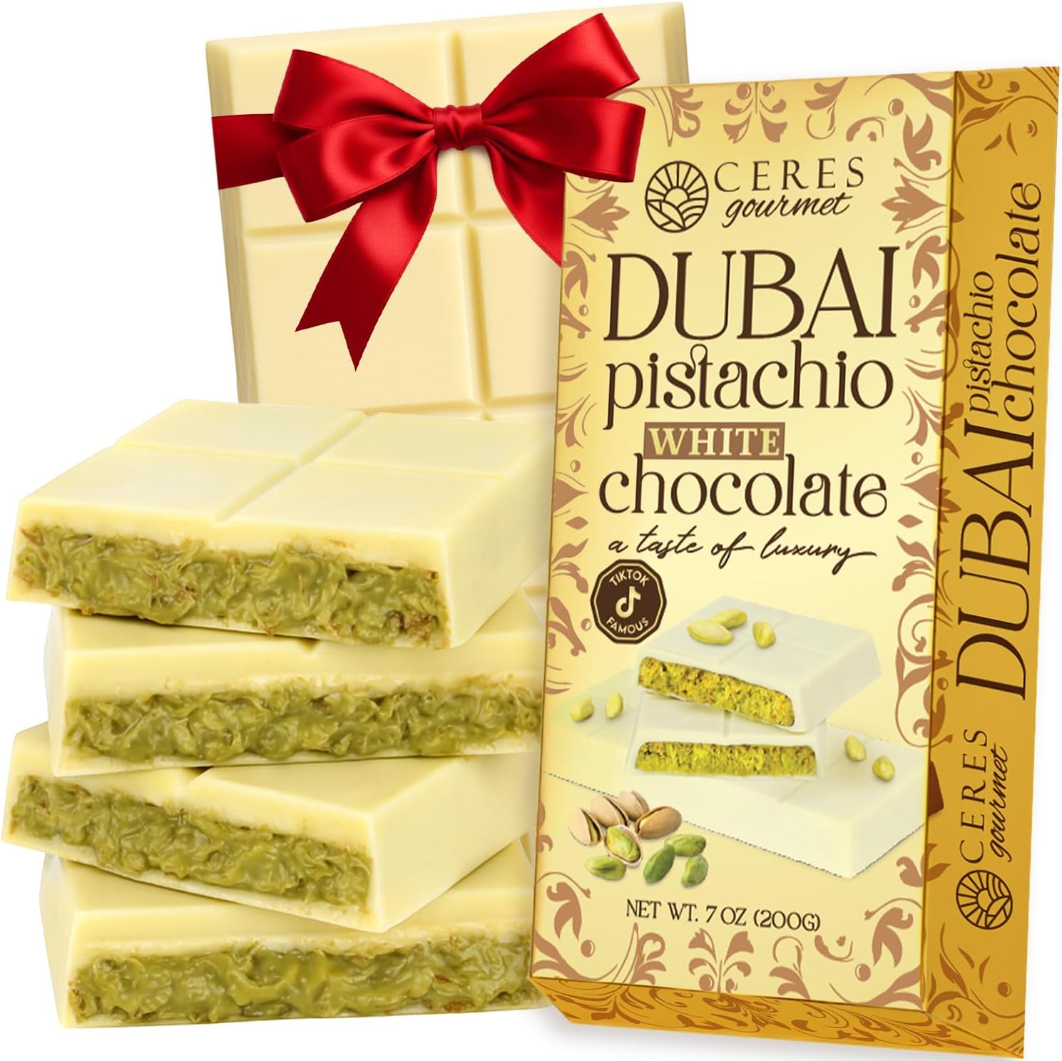 Dubai Chocolate Kunafa Pistachio Bar 7oz | Famous White Chocolate Kunafe Bar | Crispy Kunafe with Pistachio Paste | Gift Idea for All Occasions | Luxurious White Chocolate Kunafa Gift
