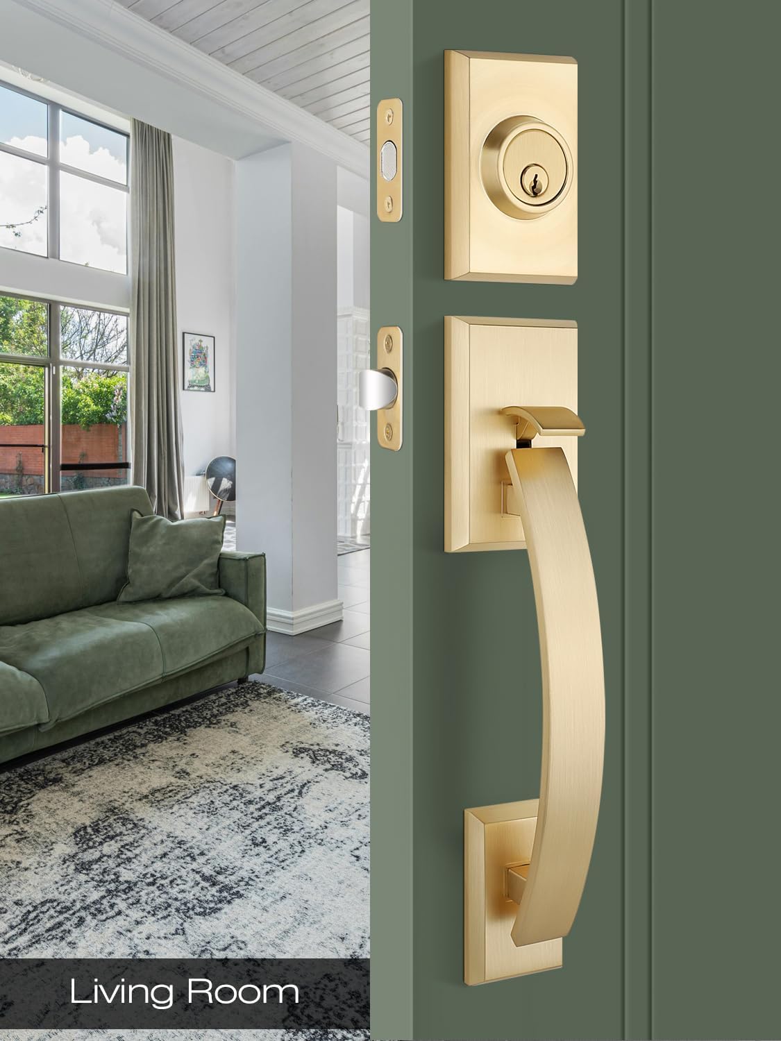 EHOMEWARE Front Door Lock Set, Front Door Handle with Single Deadbolt, Exterior Door Handle Gold, Entry Door Handle with Reversible Door Knob, Universal for Left/Right Sided Doors, Satin Brass Finish