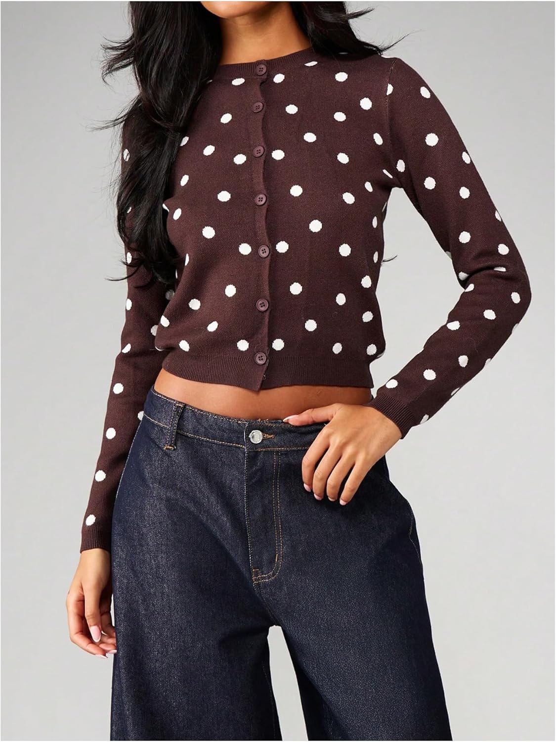 MakeMeChic Women's Polka Dots Cropped Cardigan Lightweight Long Sleeve Y2K Button Down Sweaters - Image 5