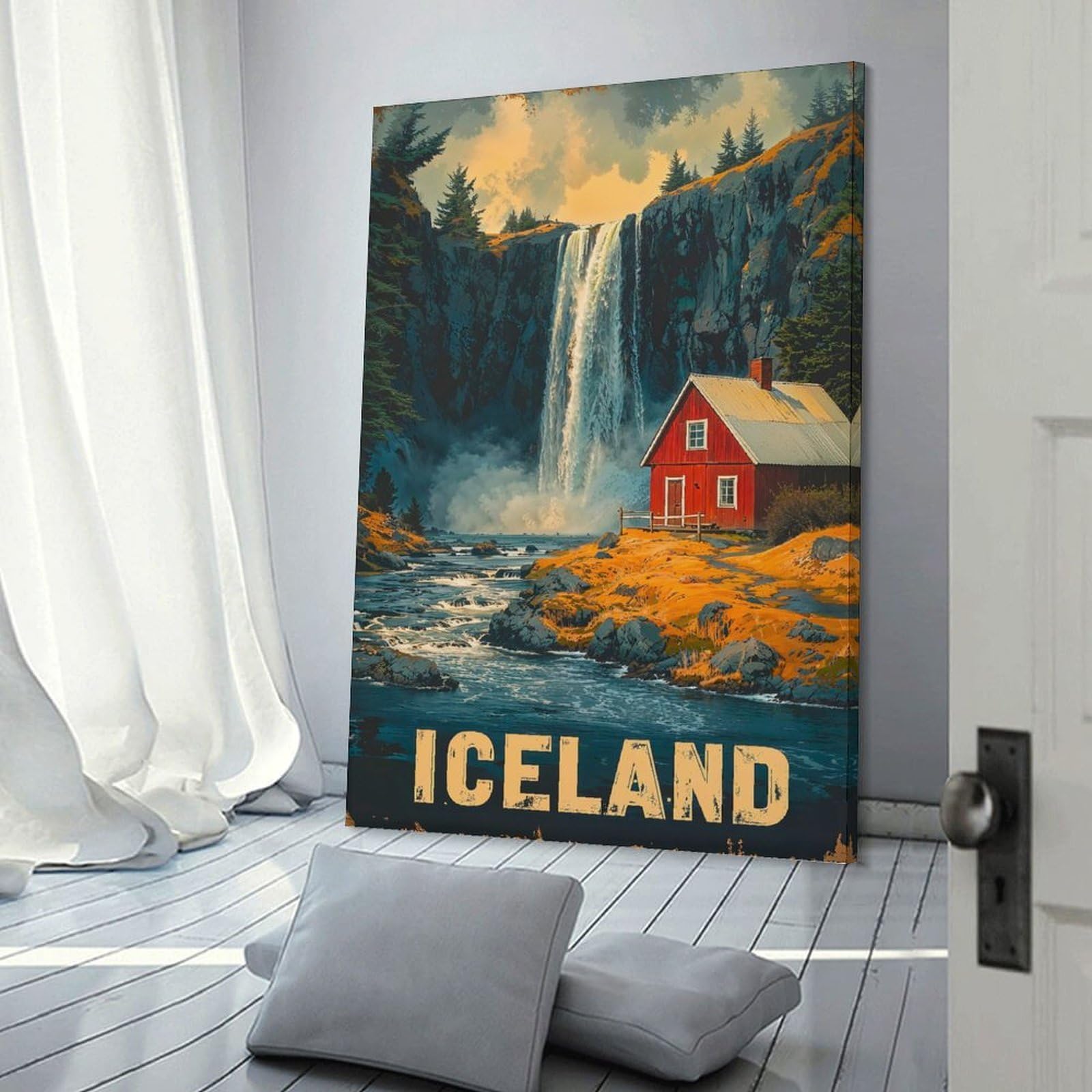 Junmoney Frame-Style-9 Iceland Waterfall Cabin Decorative Canvas Print, 20X30inch(50X75cm), For Living Room, Bedroom Or Home Office, Canvas Artwork With Gifting Potential