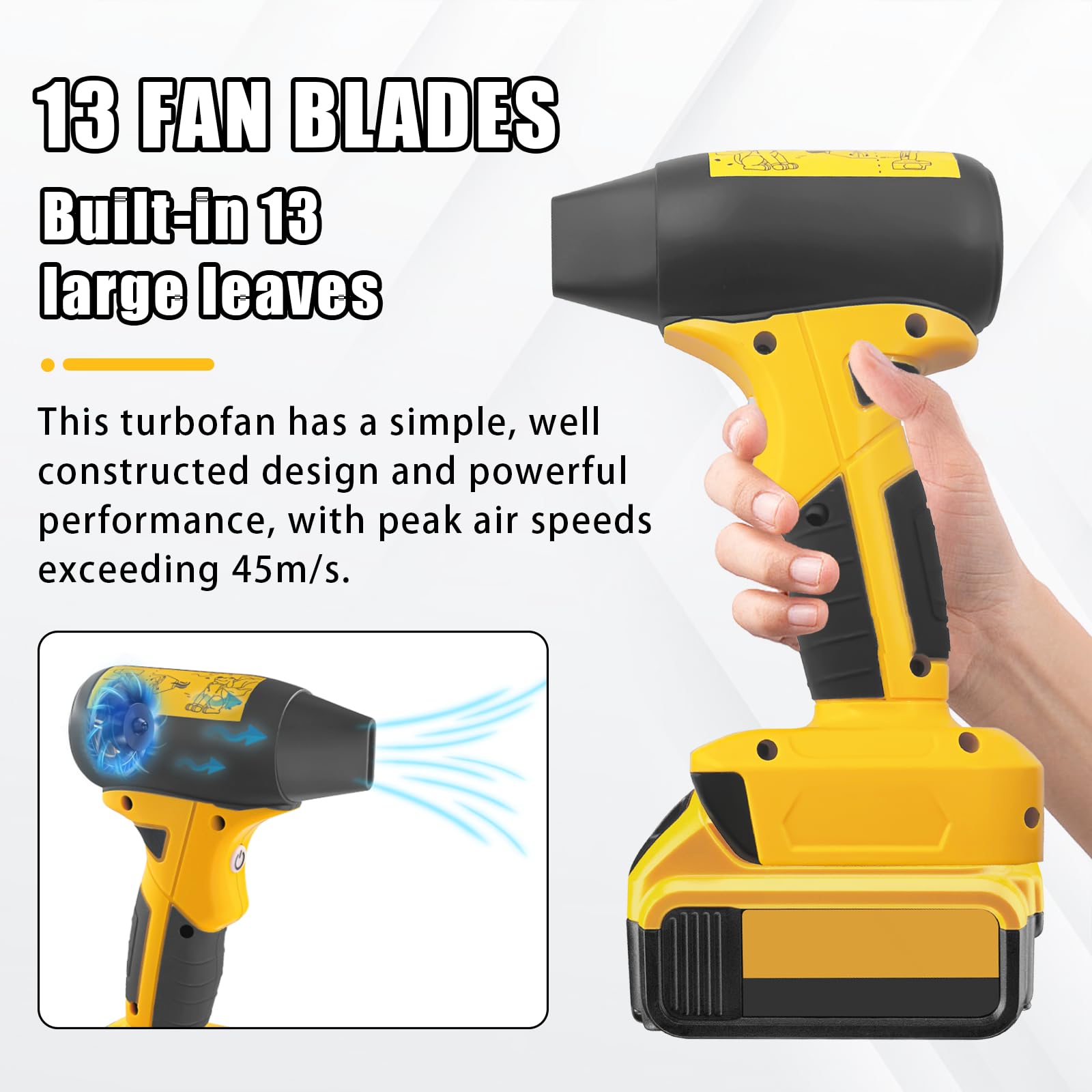 Mini ventilateur turbo pour batterie Dewalt 18 V - Mini ventilateur industriel à 4 vitesses - Pour le nettoyage, le séchage des cheveux, la voiture, le camping (sans batterie)