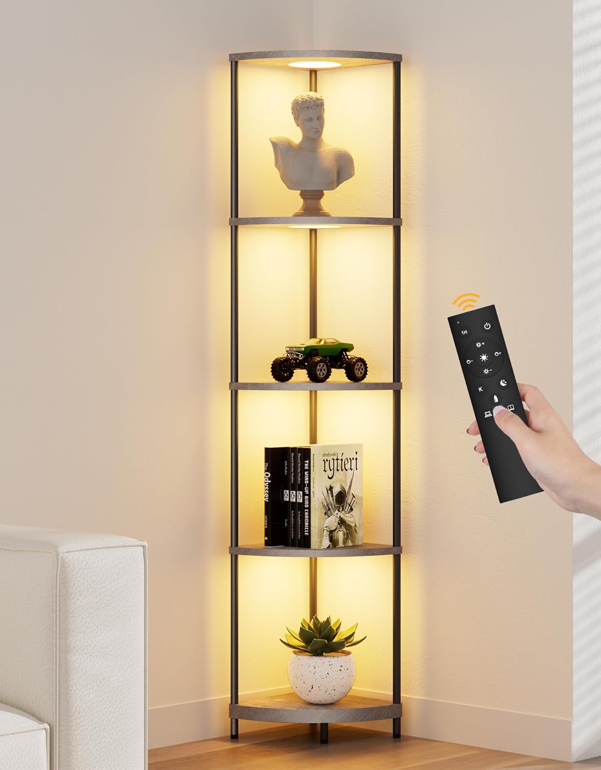 Corner Shelf with RGBCW LED Light, 64.5” Tall Floor Lamp Narrow Bookshelf Organizer, Standing Shelves with Metal Pole, Display Storage Rack for Wall Corner, Living Room, Bedroom, Office Décor, Grey