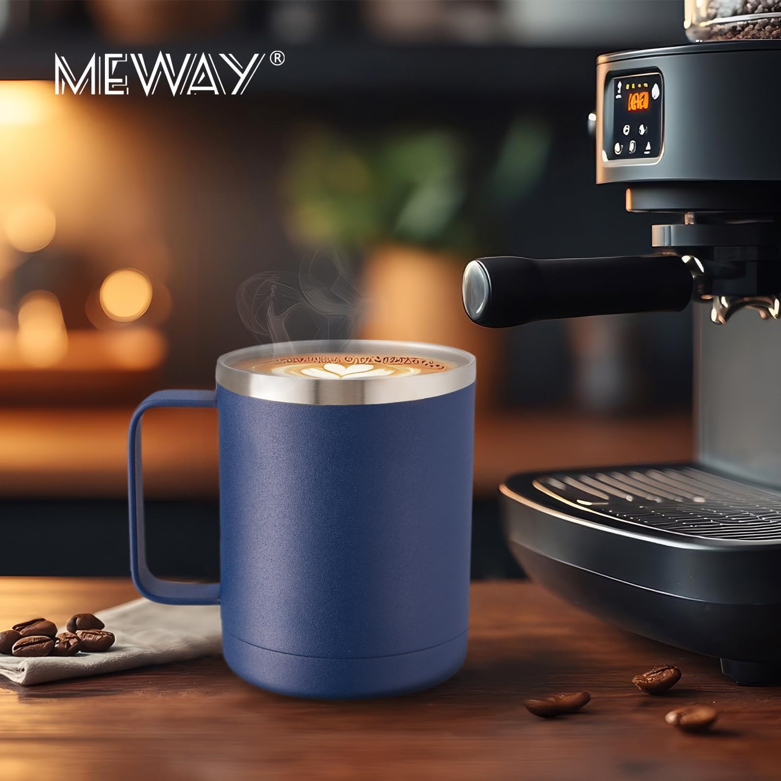 MEWAY Kubek do kawy 350 ml z uchwytem, 4 sztuki, izolowane kubki podróżne ze stali nierdzewnej z przesuwaną pokrywką, próżniowy kubek kempingowy z podwójną ścianką do gorących i zimnych napojów herbaty (granatowy, zestaw 4 szt.)