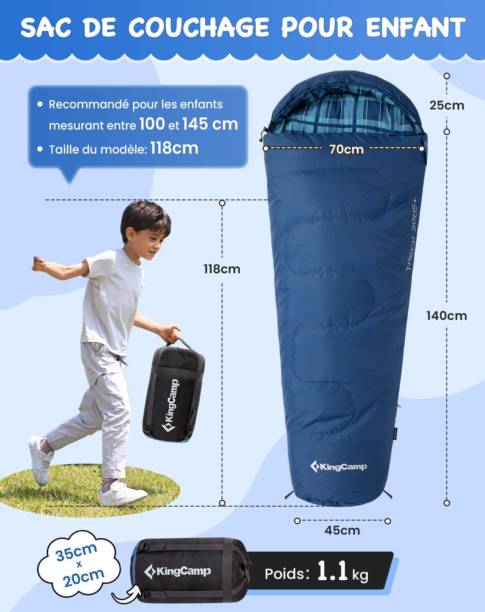 KingCamp Sac de Couchage Enfant en Flanelle de Coton | Sac de couchage momie pour enfants 10-12 ans : chaud, confortable et déperlant – idéal pour camping et voyages en plein air