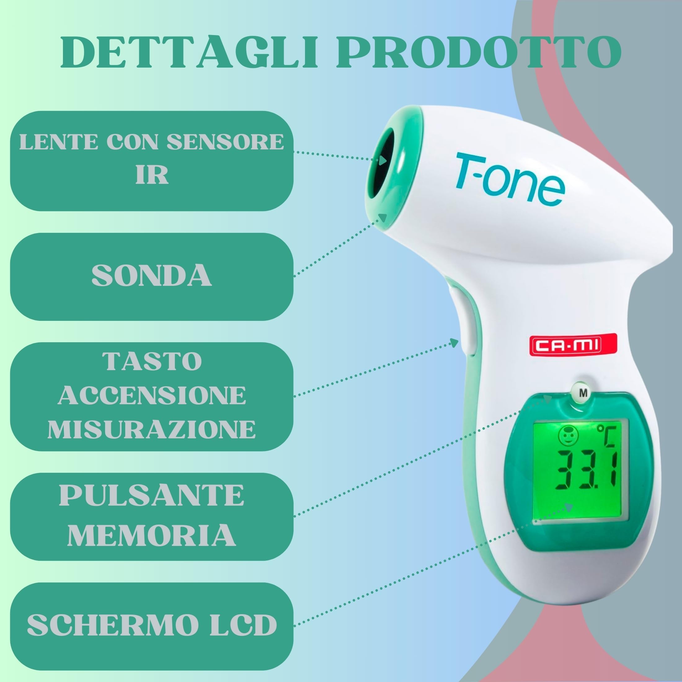 CAMI T-ONE Termometro Febbre Digitale Infrarossi a Distanza - Misuratore Temperatura Laser professionale uso medico-ospedaliero - uso domestico