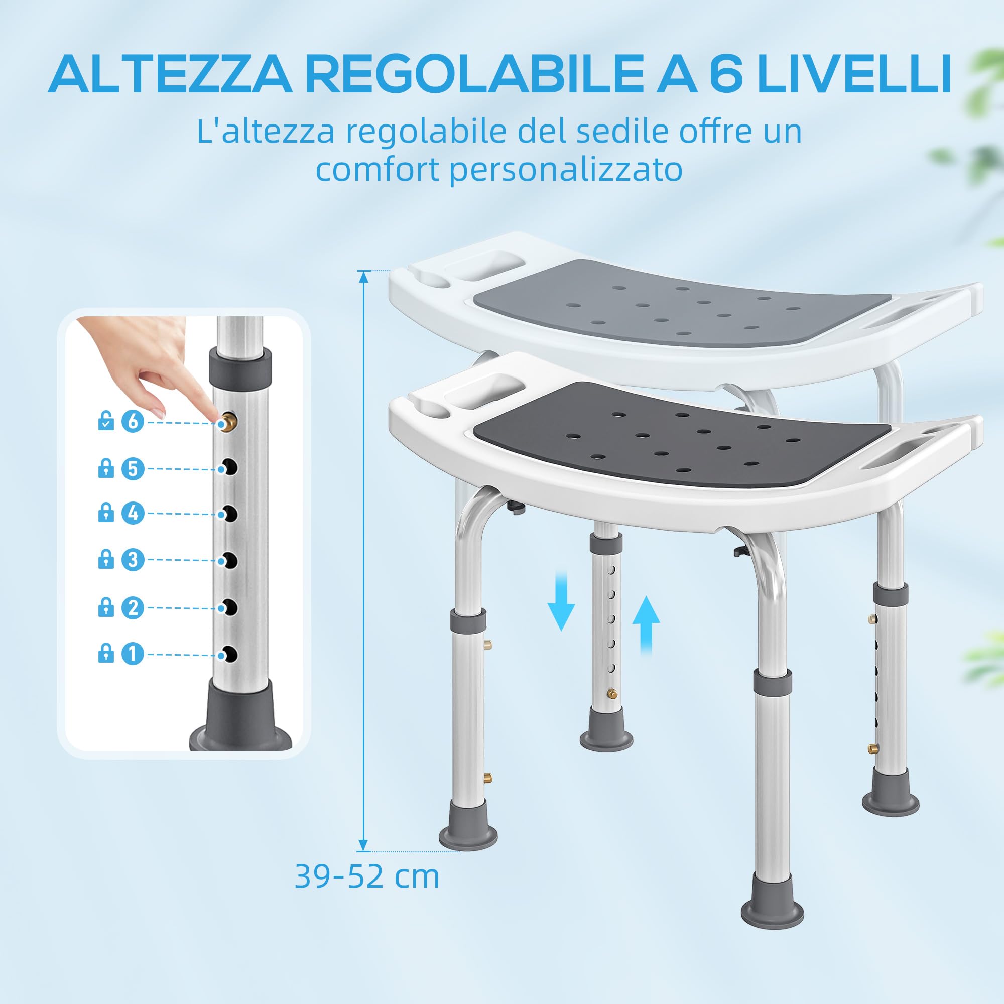 HOMCOM Sgabello per Doccia da Bagno in Lega di Alluminio e Plastica Antiscivolo, Sgabello Bagno con Altezza Regolabile 6 Livelli 39-52cm, Grigio