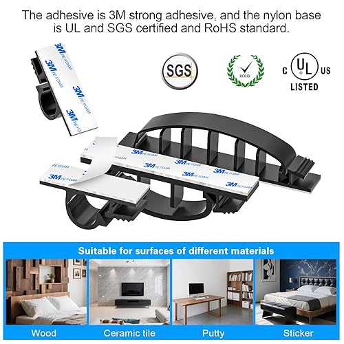 Miniatura 3 de XHF Juego de 30 clips adhesivos para cables negros, organizador de cables para exteriores, organizador de cables para debajo del escritorio,
