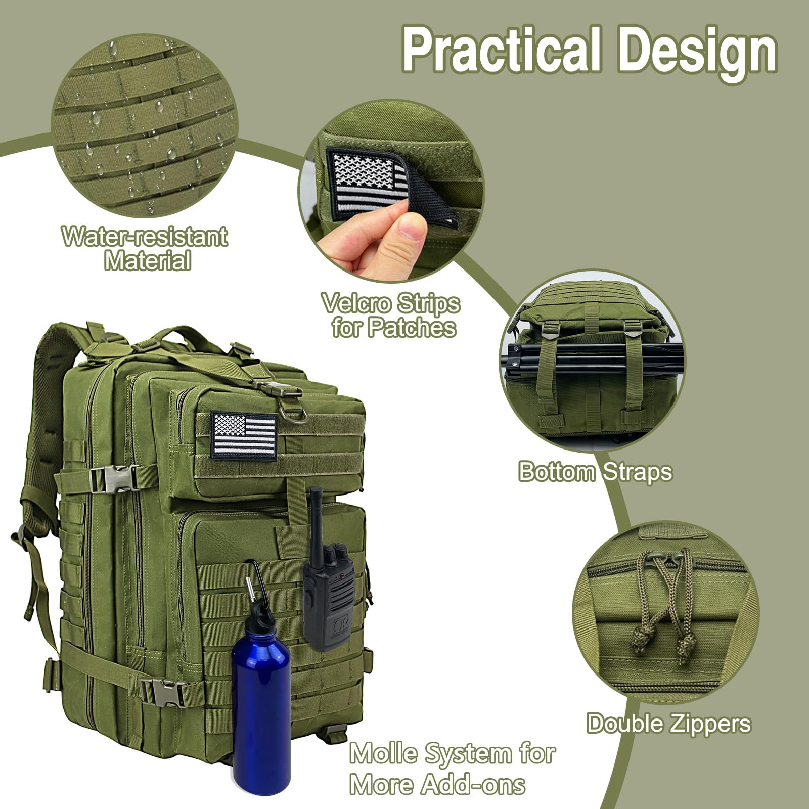 WOLT Zaino tattico militare da uomo, grande zaino militare d'assalto di 3 giorni con borsa MOLLE per attrezzatura di sopravvivenza da escursionismo, borsa gamma, Verde, Large, ‎Zaino tattico