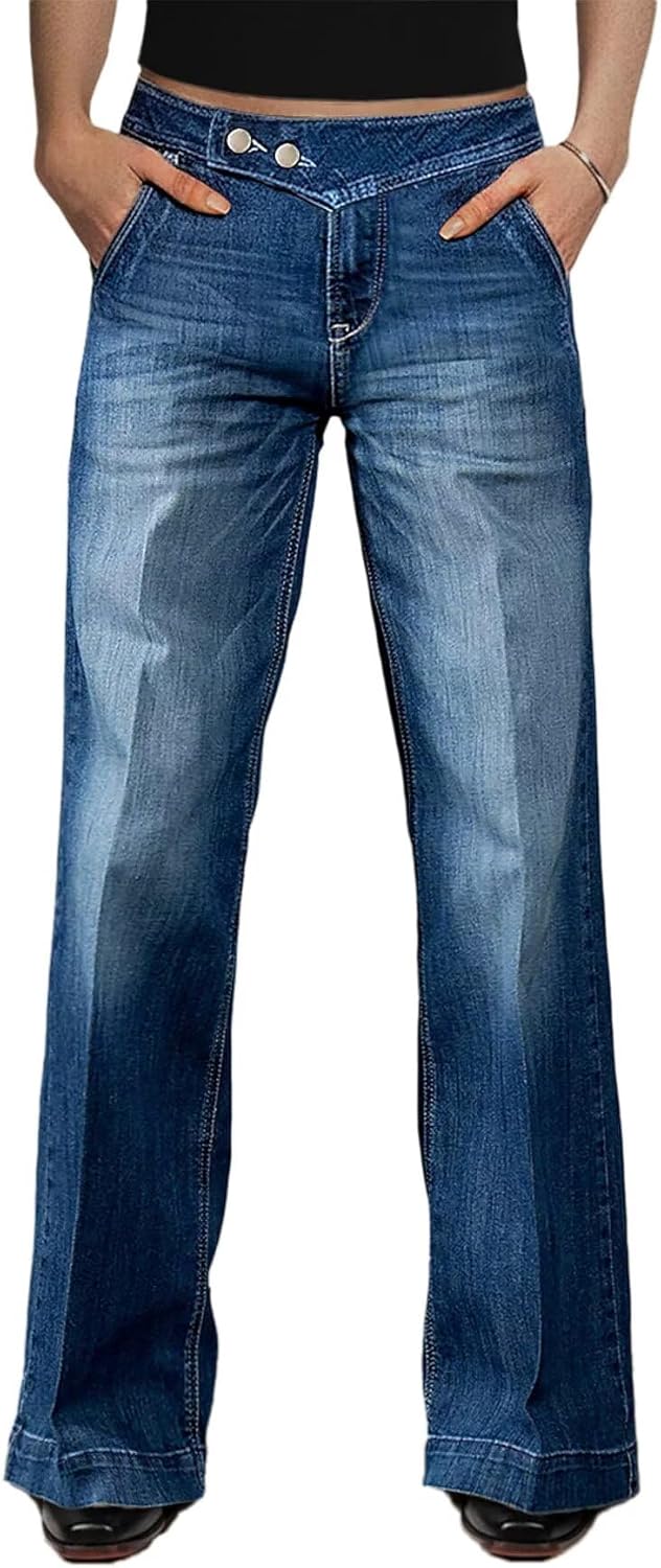 Flamingals Straight Leg Mid Rise Wash Dual Button Butt Lifting Women's Jeans with Pockets