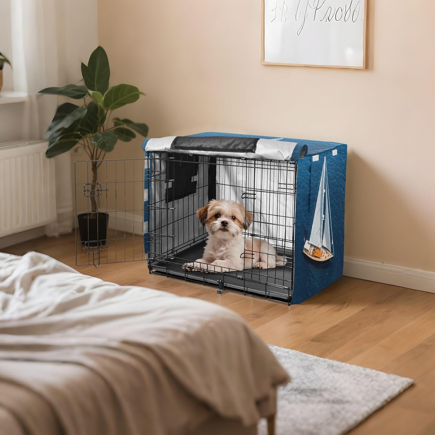Sailboat Navy Blue Dog Crate Cover Washable, S-XL Wind-Resistant Cage Cover for Indoor Pets, X-Large