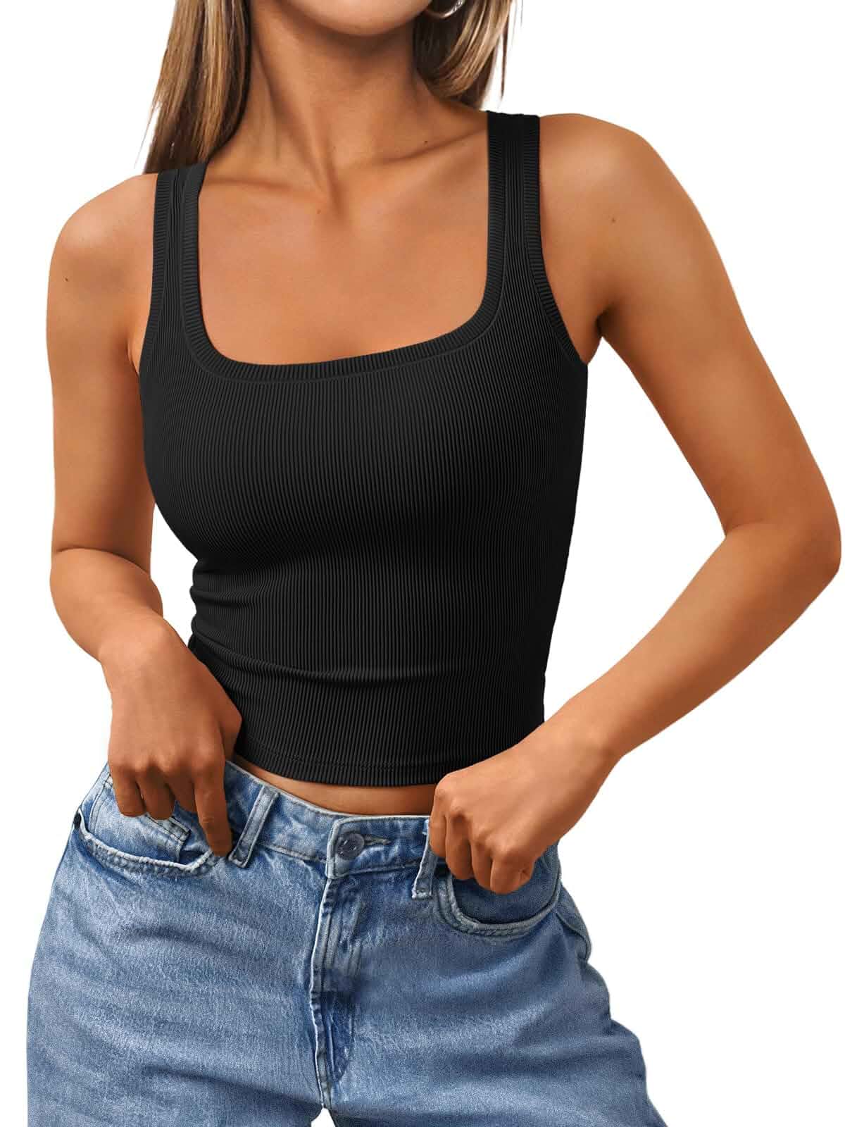 Trendy Queen Women's Square Neck Cropped Ribbed Tank Tops Beach Vacation Cami Tops,Lightweight Sleeveless Summer Clothes,Casual Athleisure Layering Undershirts