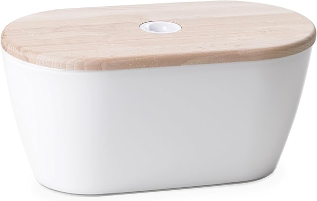 Omada Design breadbox or Container for Bread, 13.38 x 7.48 x 6.69 inch with 211.17 fl oz Capacity and lid for Cutting Board, Suitable for Preserving The Freshness of Food and Space-Saving, Woody Line