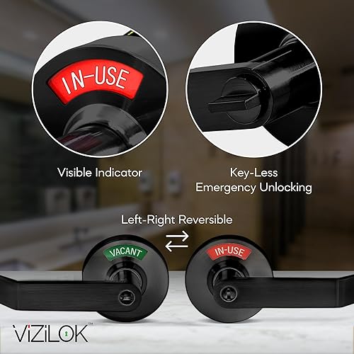 Miniatura 51 de VIZILOK Cerradura de puerta comercial para privacidad del baño, indicador ocupado vacante de alta resistencia en cromo satinado, grado ANSi 2