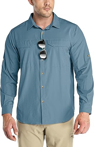 Outdoor Ventures Camisa de senderismo para hombre con protección solar UPF 50+, manga larga, ligera, de secado rápido, para safari, viajes, pesca