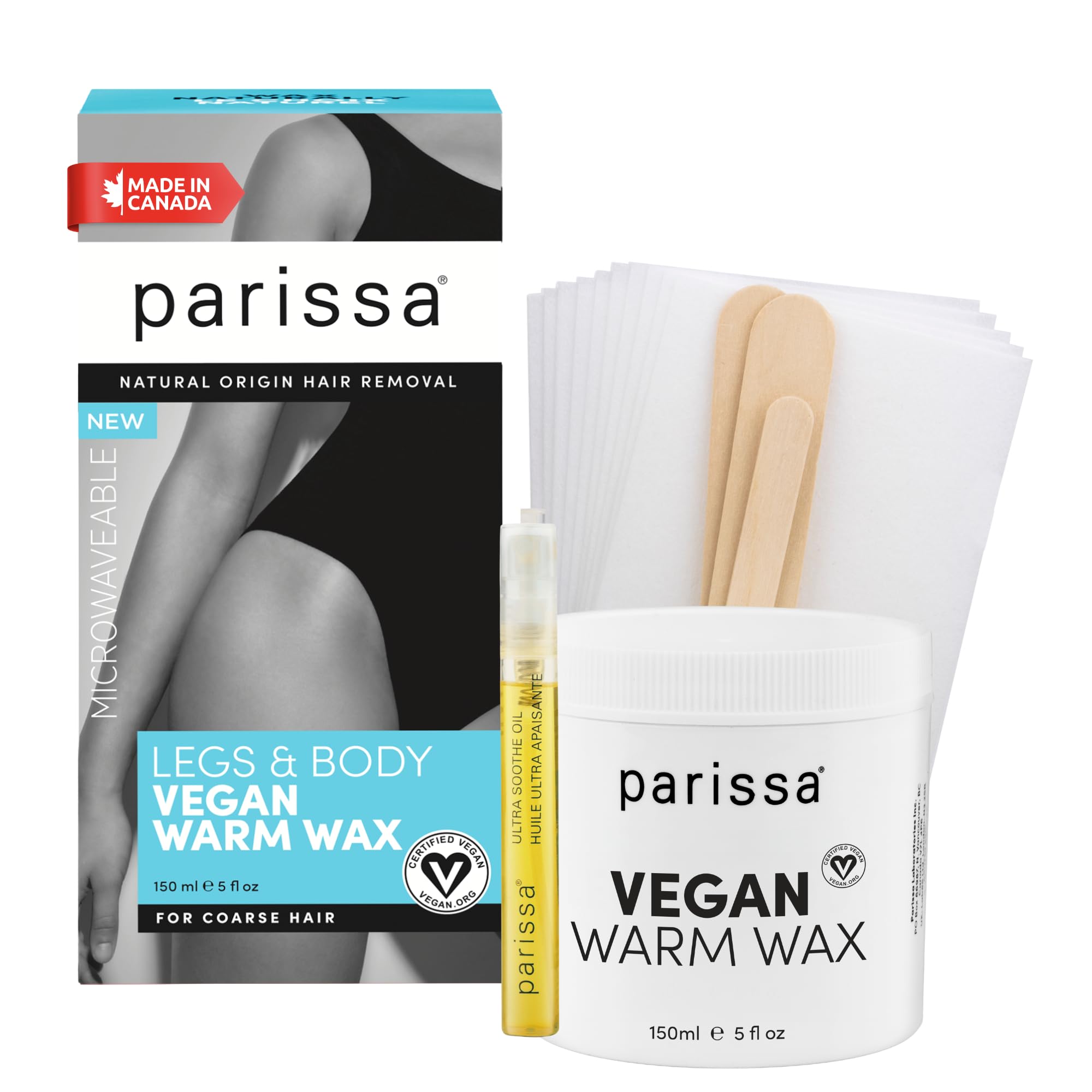 Parissa Microwavable Waxing Kit for Women – Warm Wax for Hair Removal on Legs, Bikini, Underarms & Body | Pulls Coarse, Stubborn Hair from the Root | Vegan, Made in Canada | 5 fl oz (150 ml)
