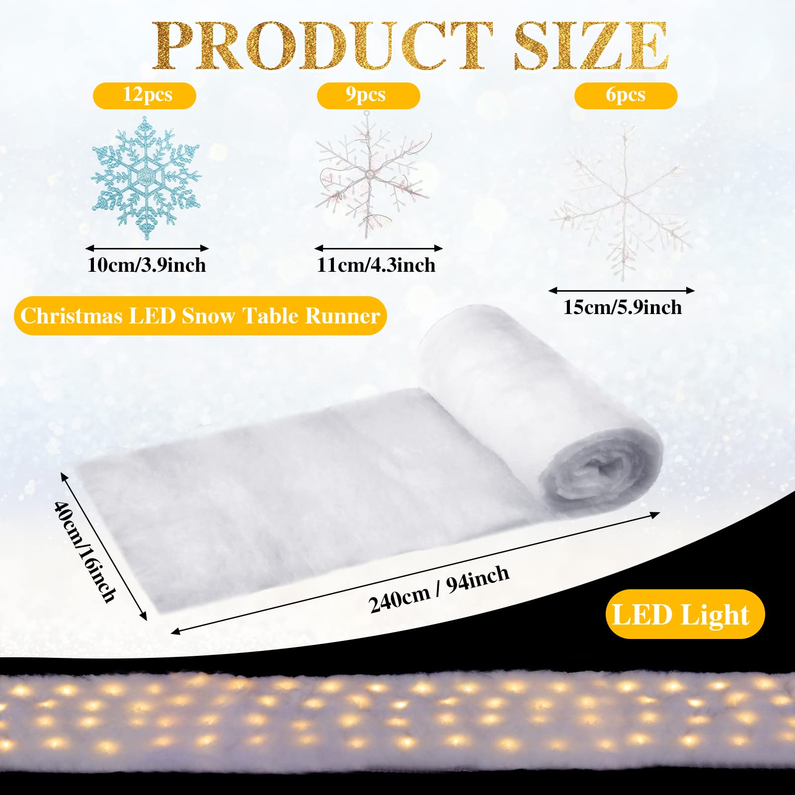 Christmas Snow Blanket with LED Lights 94 x 16 Inches Christmas Table Blanket Xmas Lighted Snow Table Runner and 27 Pieces White and Blue Snowflakes Ornaments for Winter Christmas Village Decorations