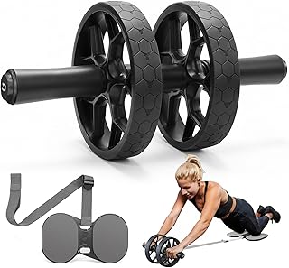 auvstar Rueda Abdominal Hombres y Mujeres, Fitness con Bandas Elásticas y Rodilleras, Rodillo Roller Doble Estable, Rodillo Abdominales para Casa, Gimnasio core Ejercicio Negro