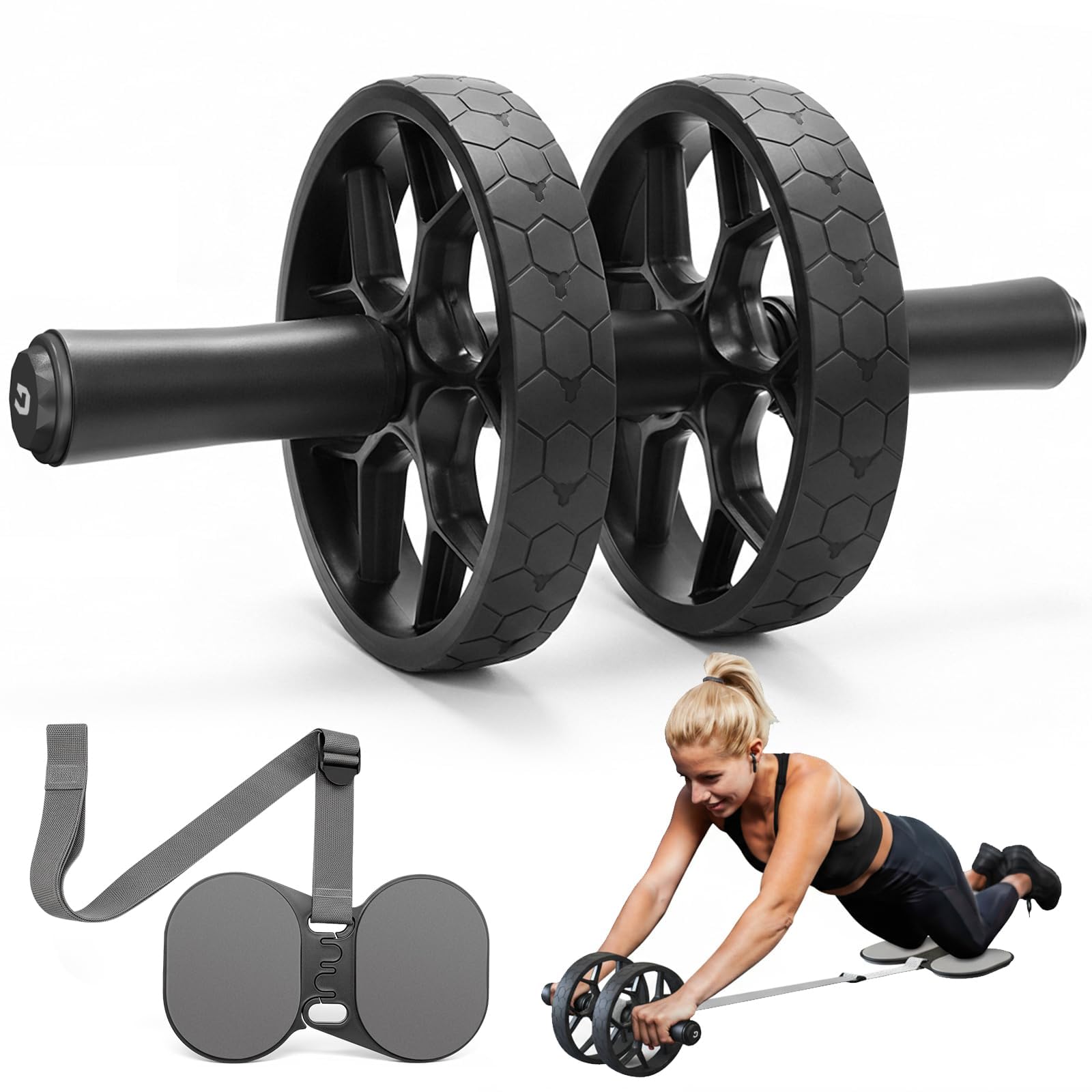 auvstar Bauchroller mit Widerstandsband & Rutschfesten Griffen, Ab Roller Fitnessgerät für Zuhause, Bauchtrainer Roller Selbstaufrollend Bauchmuskeltrainer Trainingsgerät Abdominal Rad Set Grau