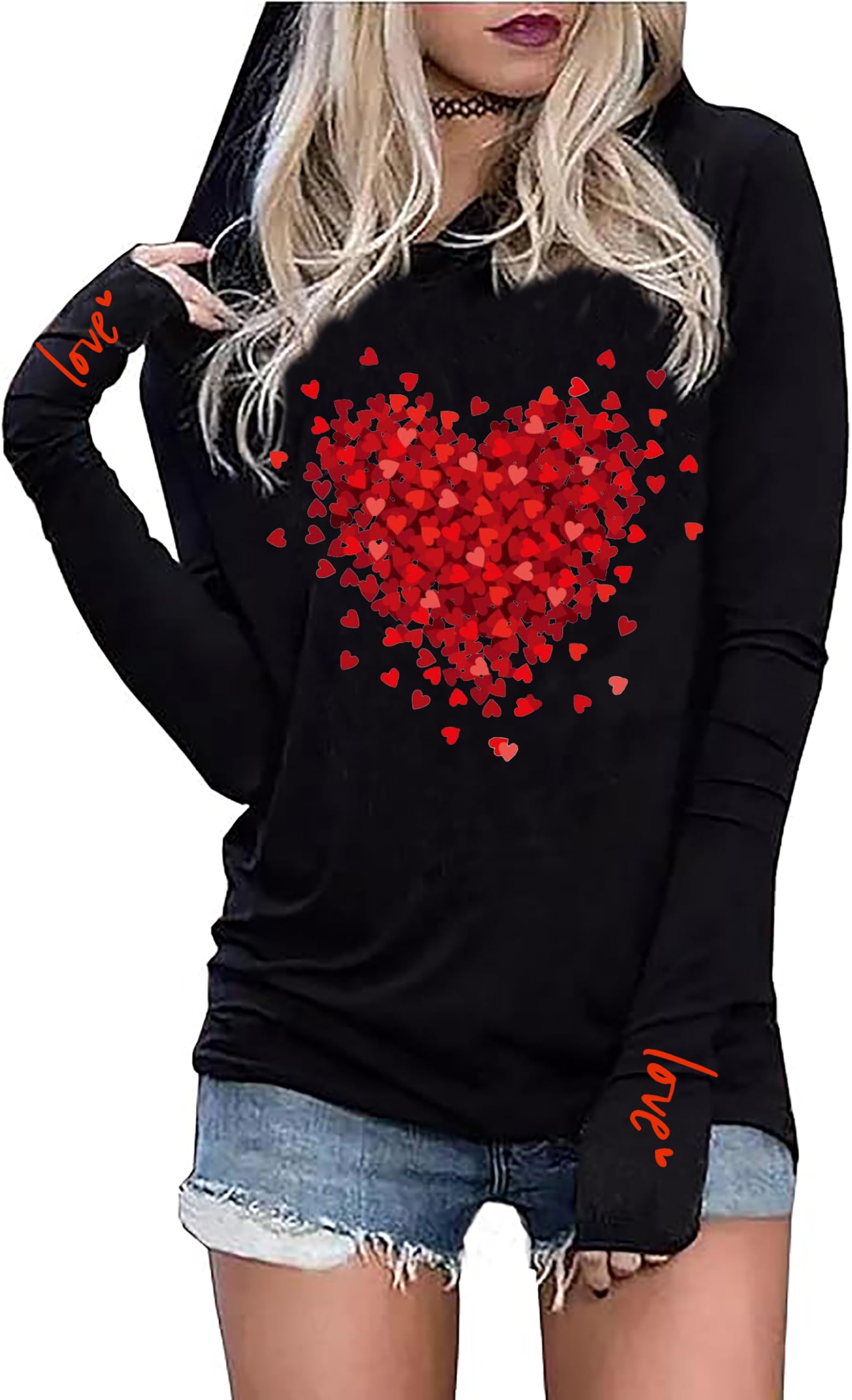 bomytao Valentine's Hoodie for Women Love Heart Graphic Print Buffalo Plaid Long Sleeve T-Shirt Valentine Holiday Pullover-picture-41