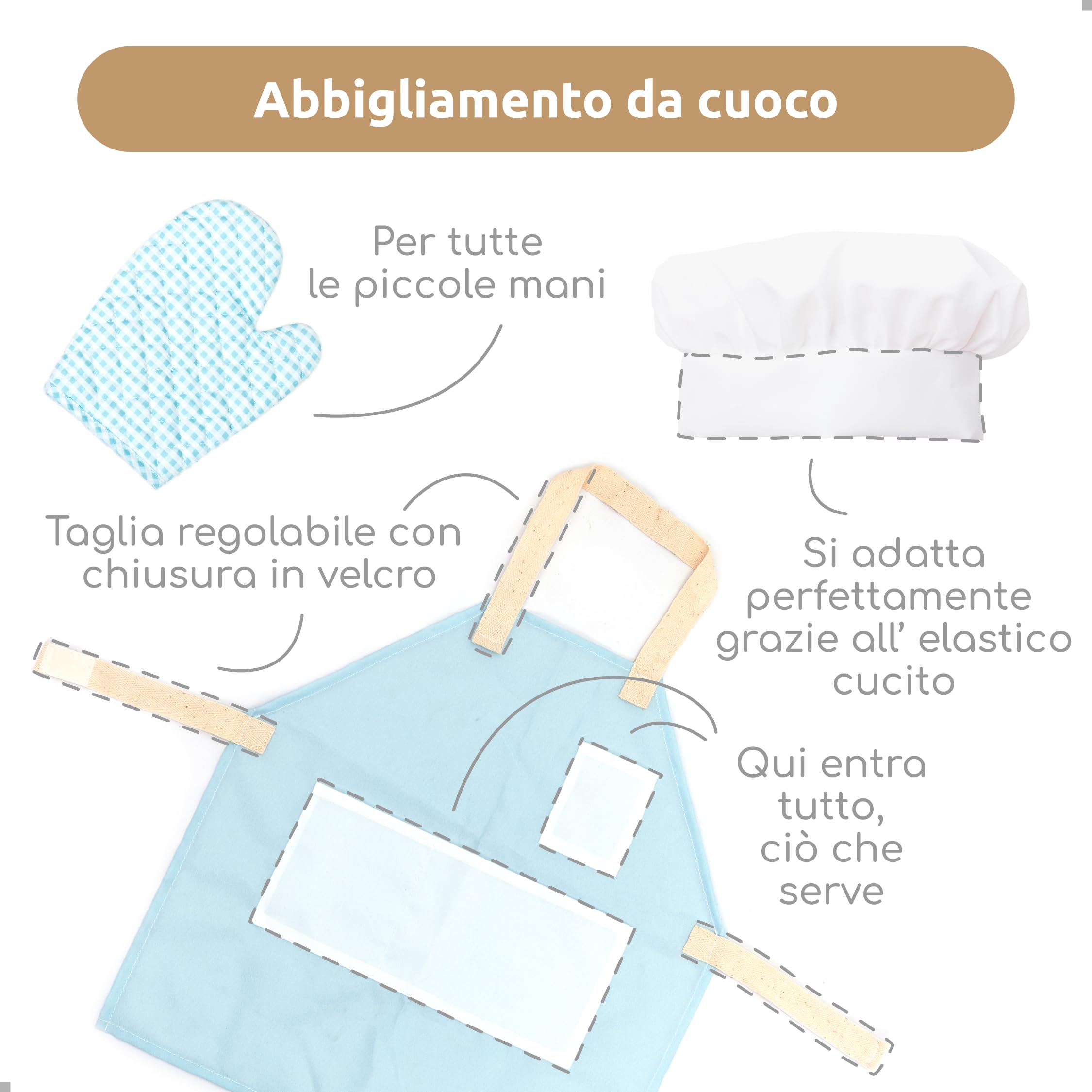 UMU - Kit da cucina in legno per bambini, con stoviglie, pentole, padelle, grembiule, cibo