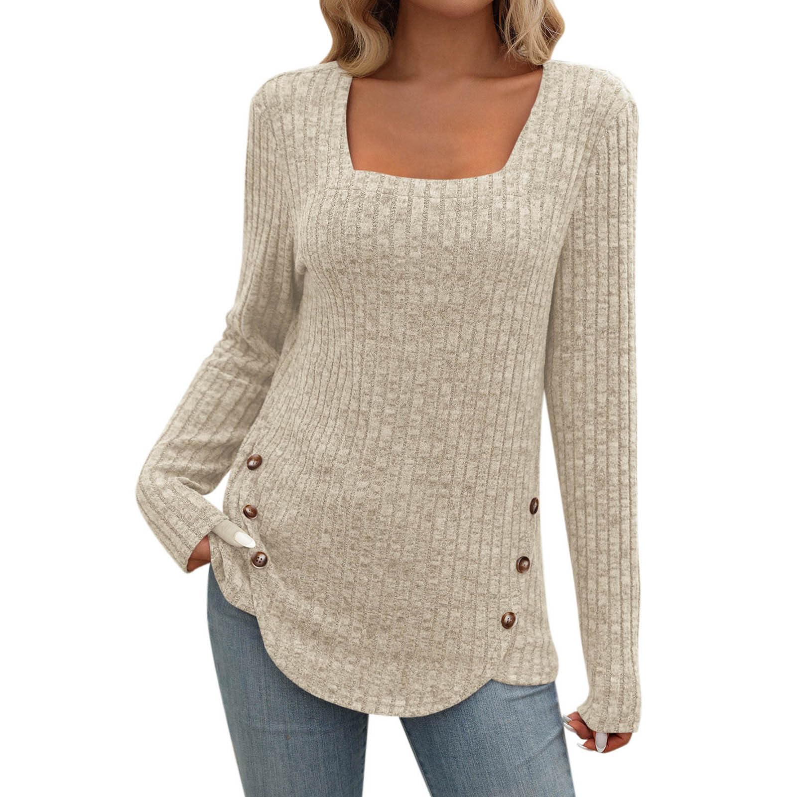 Tunic Tops for Women Loose Fit Long Sleeve Sweater Shirts Square Neck Curved Hem Knit Fall Basic Sweaters