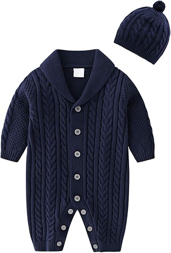Evelin LEE Toddler Baby Knitted Sweater Romper Long Sleeve Winter Jumpsuit with Hat Outfits
