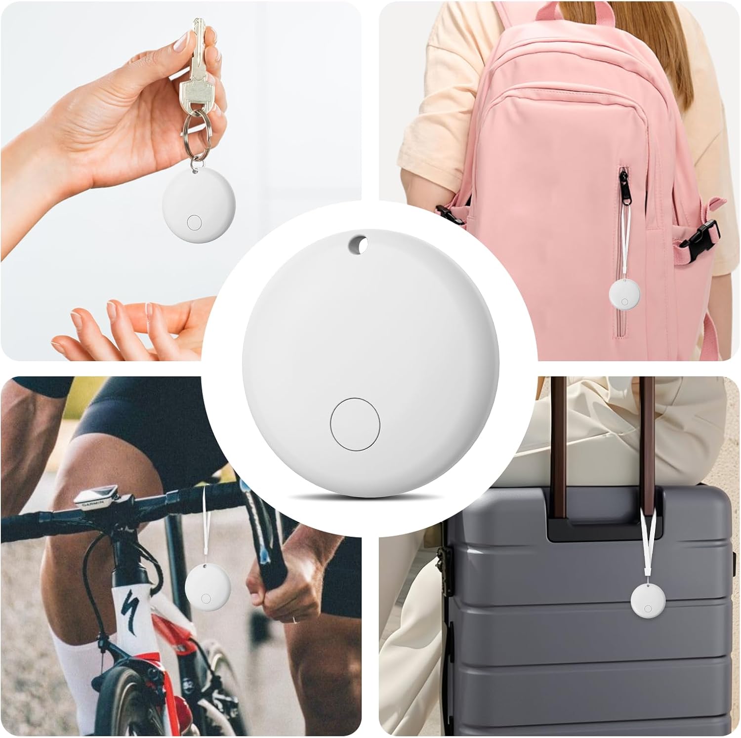 Collage showing tracker tags attached to keys, backpack, bicycle, and luggage