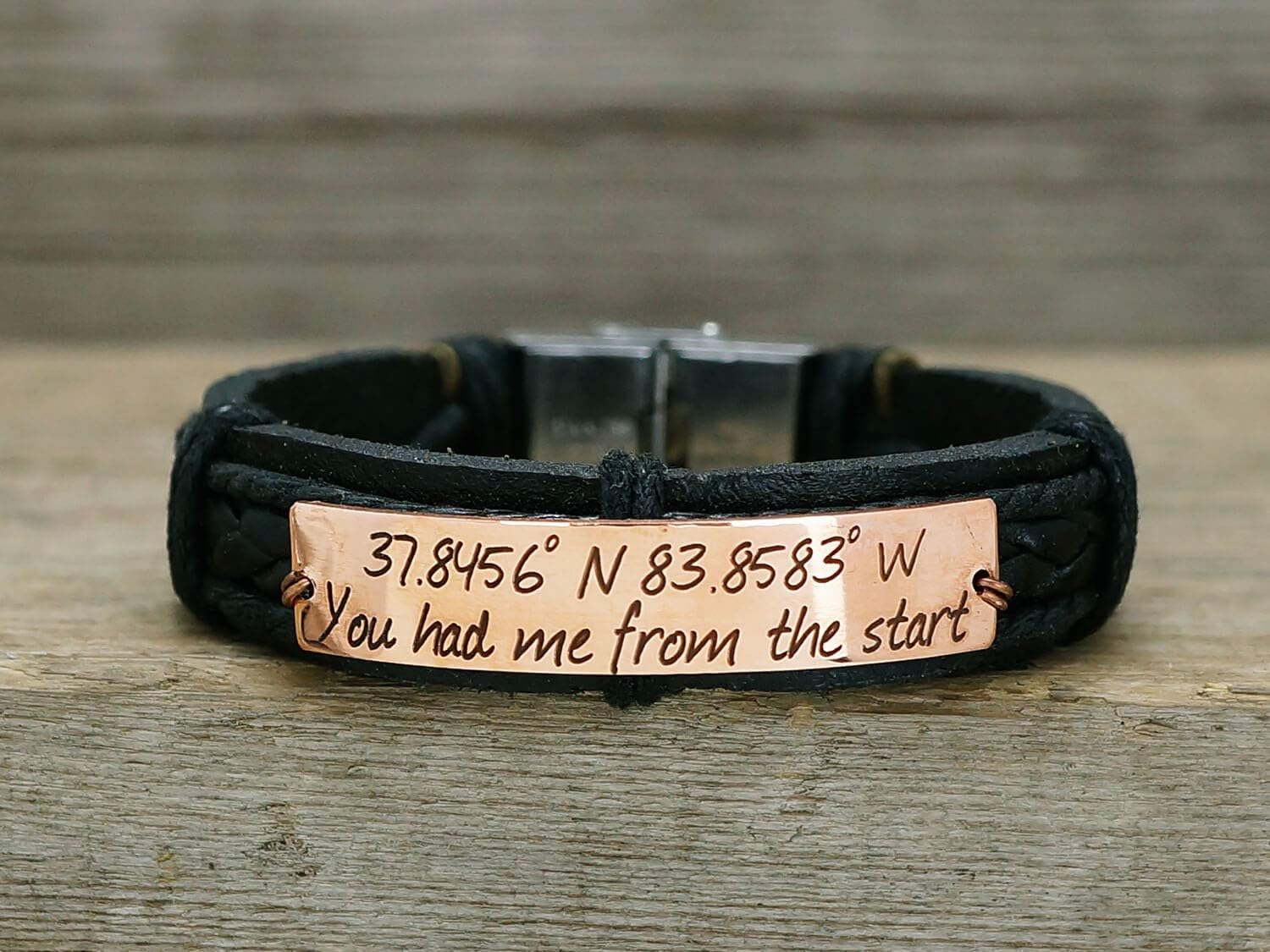 Custom Coordinate Bracelet, Silver and Black Leather Cuff for Men, compass & Latitude Longitude, GPS Location, gift for Him