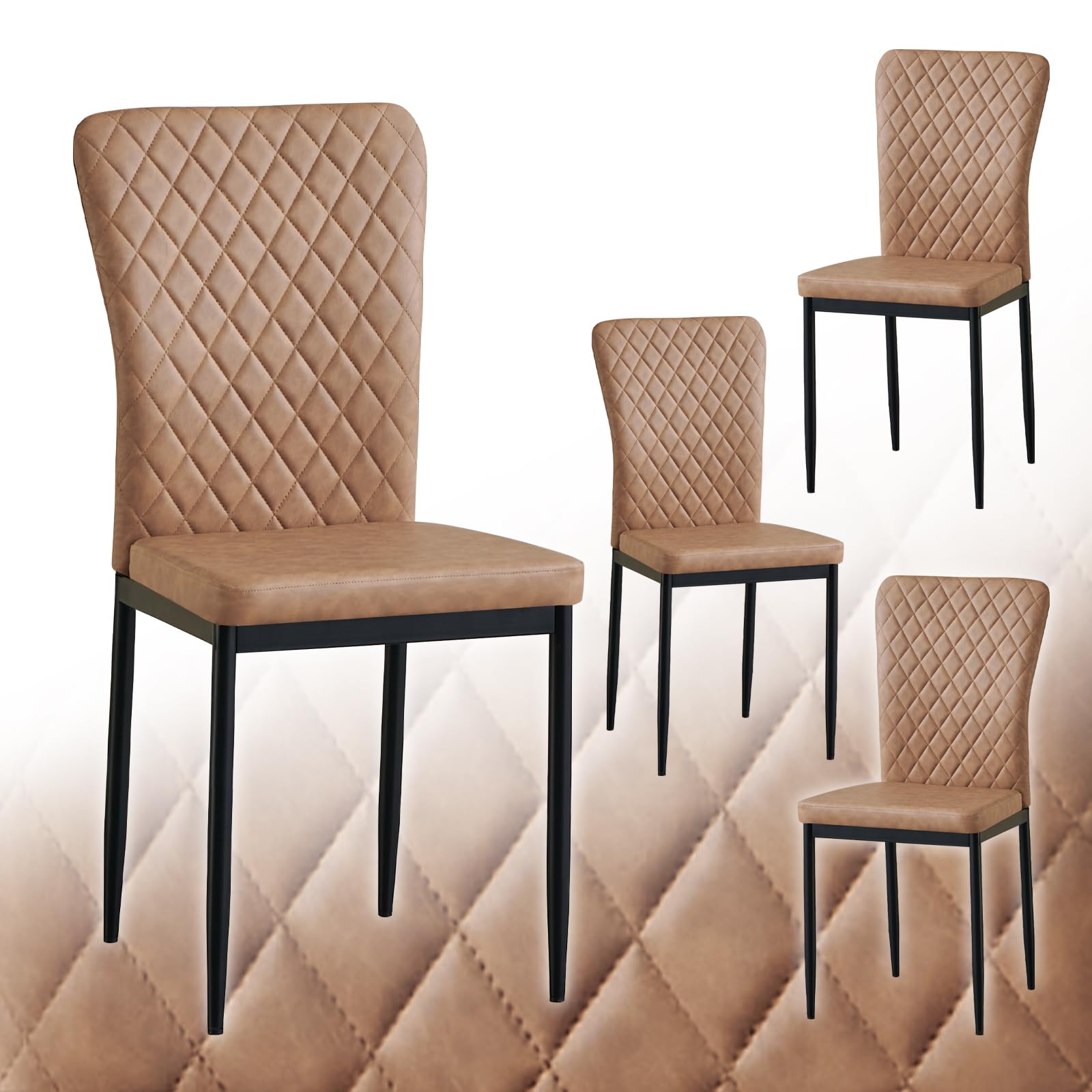 Dining Chairs Set of 4 PU Leather Kitchen Living Room Chairs High Back Metal Frame Modern Lattice Design,PU Brown