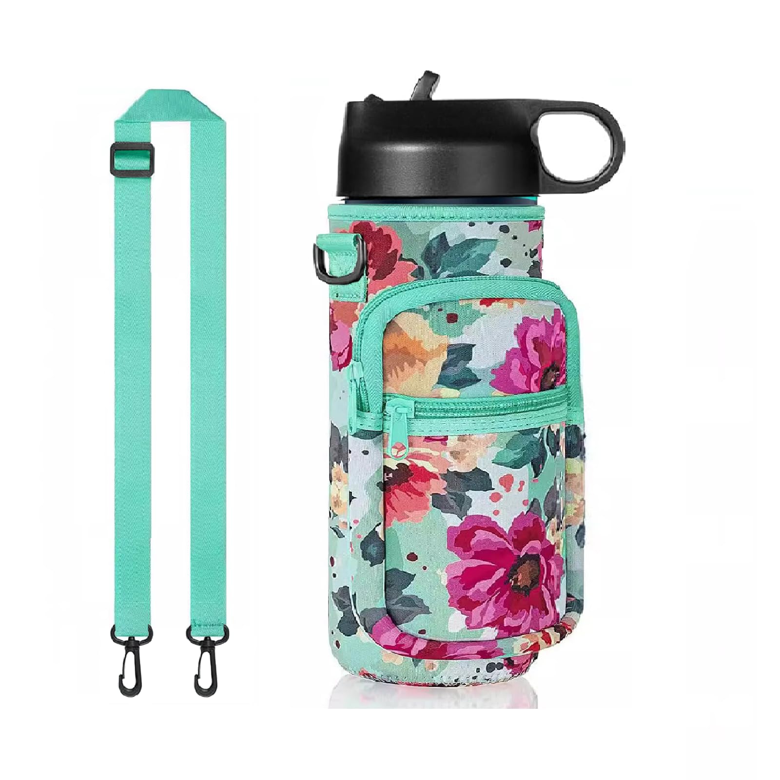 Wasserflaschenhalter mit Gurt, isolierte Wasserflaschen-Tragetasche mit Handyfach für Spaziergänge, Wandern, Camping, Angeln (8,9 cm B x 22,9 cm H) (Blumengrün)