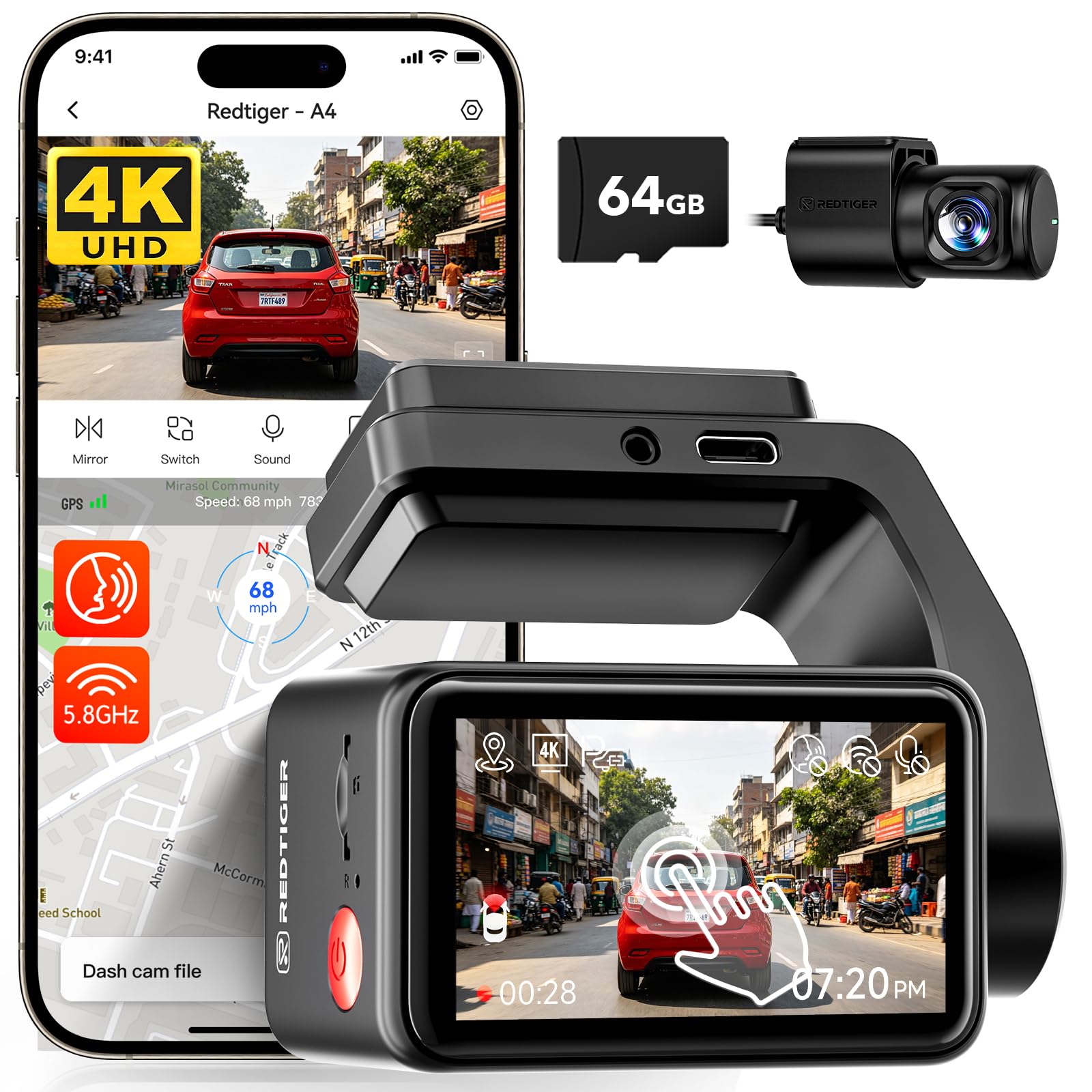 REDTIGER 4K+1080P Front and Rear Dash Cam for Car, 5.8GHz WiFi APP, GPS, 2.2''Mini Touch Screen, Voice Control, Built-in 64GB Card, Loop Recording, 24H Parking Mode(A4)-image-47