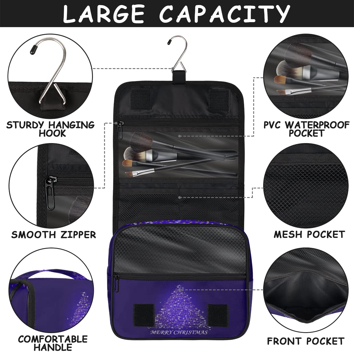 Wesołych Świąt Podróżna Kosmetyczka Choinka Mycie Torba Unisex Wiszące przybory toaletowe Kosmetyczka Organizer do makijażu, wielobarwny, Jeden rozmiar