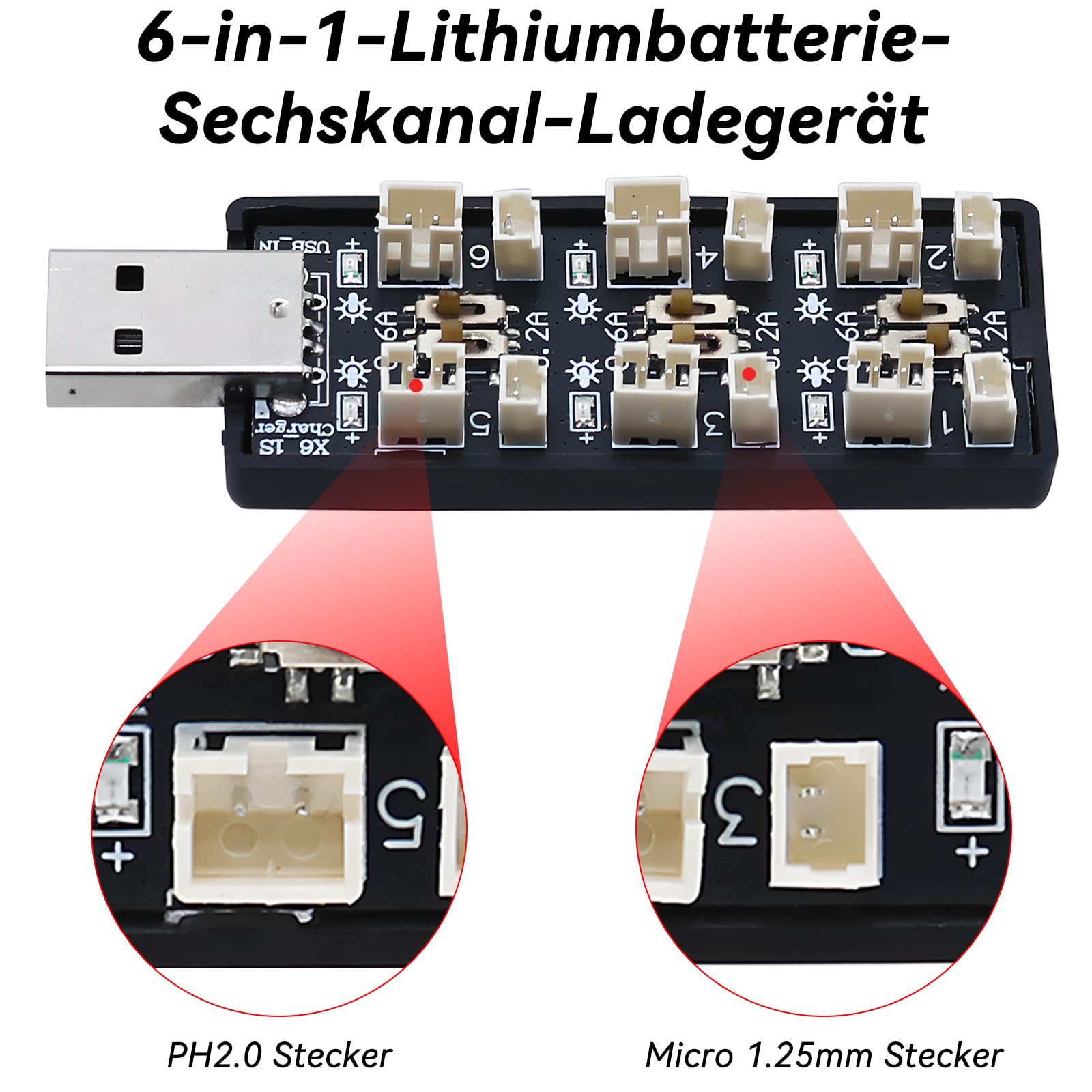 1S Lipo Akumulator LiHV Ładowarka - 3.7V/4.2V Ładowarka do Akumulatorów Lipo z USB 6 Kanałów i Mikro JST 1.25 JST-PH 2.0mm Złącze dla Tiny Whoop Blade Inductrix FPV E013 E010 JJRC H67 H36