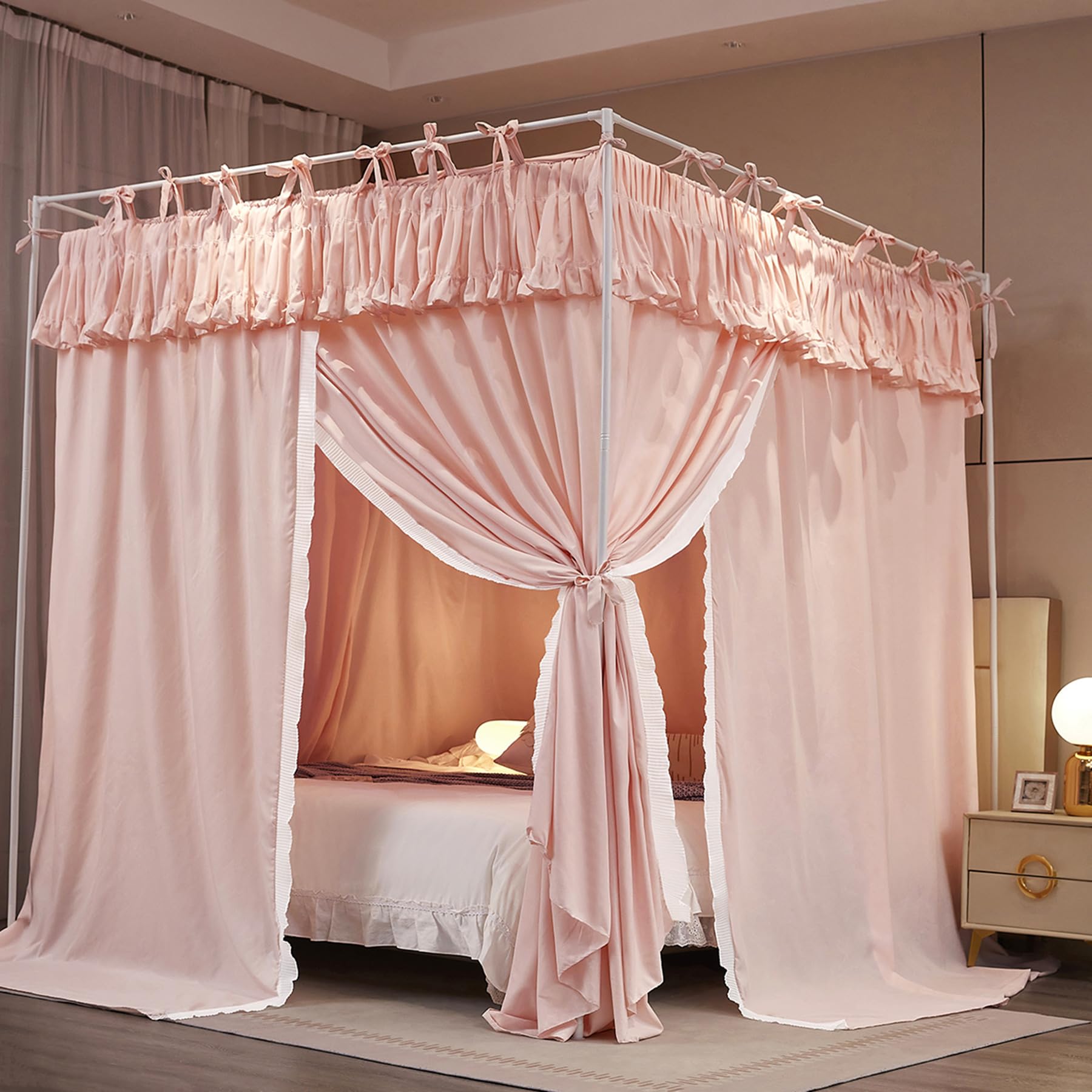 Double-Layer Princess Bed Canopy Curtain | Lace Drape For 4-Poster Bed, Pink, Includes Frame - For Bedroom, Dorm Decor