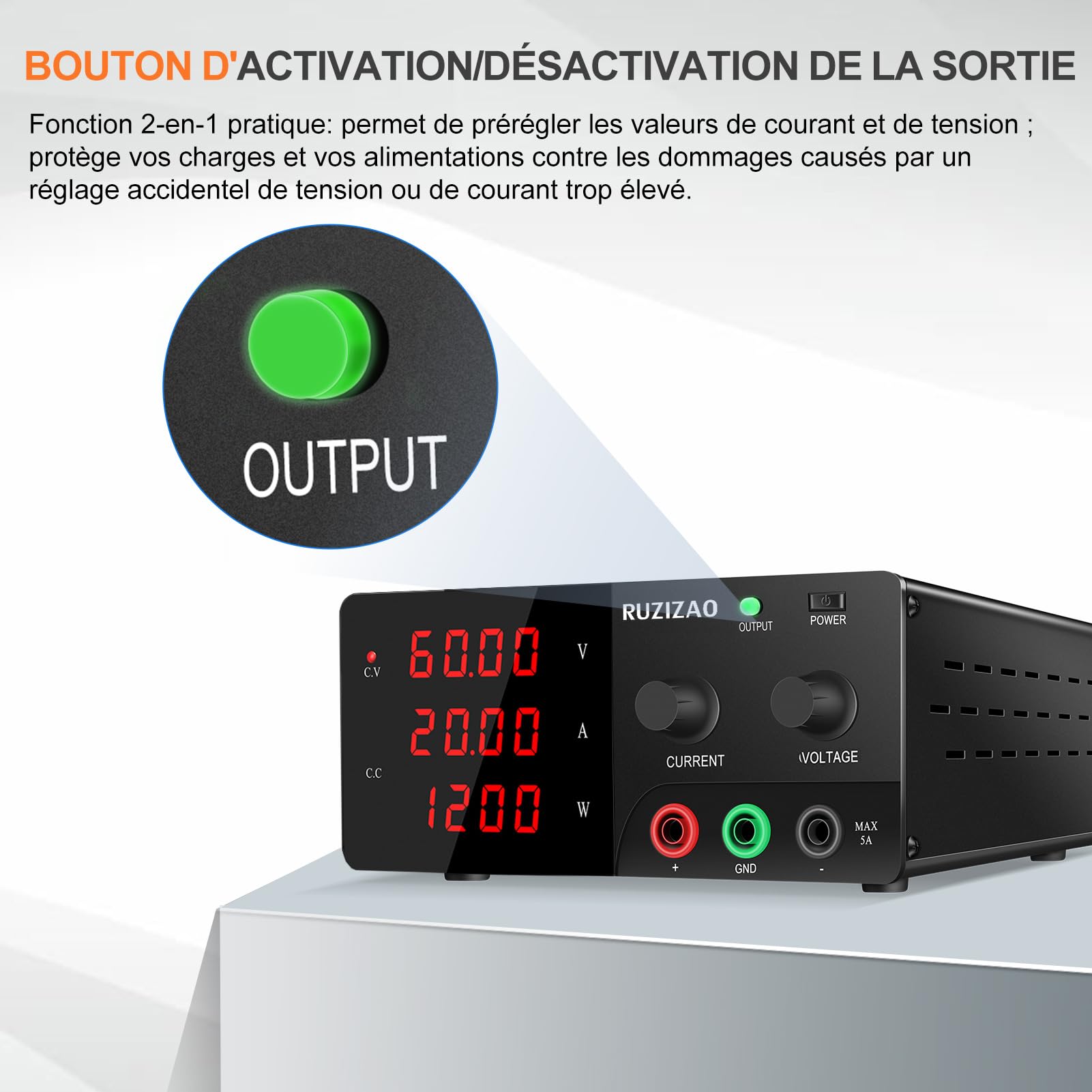 Alimentation de Laboratoire 60V 20A 1200W Haute Puissance Alimentation Stabilisée Réglable avec OUTPUT/Encodeur Bloc d'alimentation Laboratoire pour Automatisation/Laboratoire/Test de Batterie