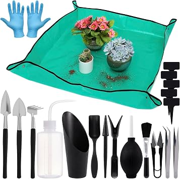 ANPHSIN 20pcs Small Gardening Tools Gifts for Women Beginners, Green | Garden Hand Tools Set for Indoor Succulent Bonsai Plants Transplanting, Included 39 Plant Repotting Mat/Mini Shovel/Labels