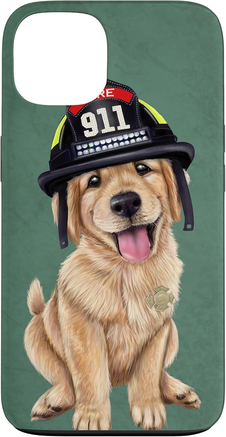 iPhone 15 Golden Retriever puppy wearing a firefighter hat Case