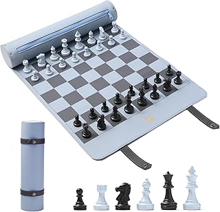 DN DECONATION Portable Travel Chess Set, Small Roll Up Chess Board with Resin Pieces, Traveling Chess Sets for Adults, Kids, Luxury Foldable Pocket Compact Game for Camping, Outdoor -Blue Leather Mat